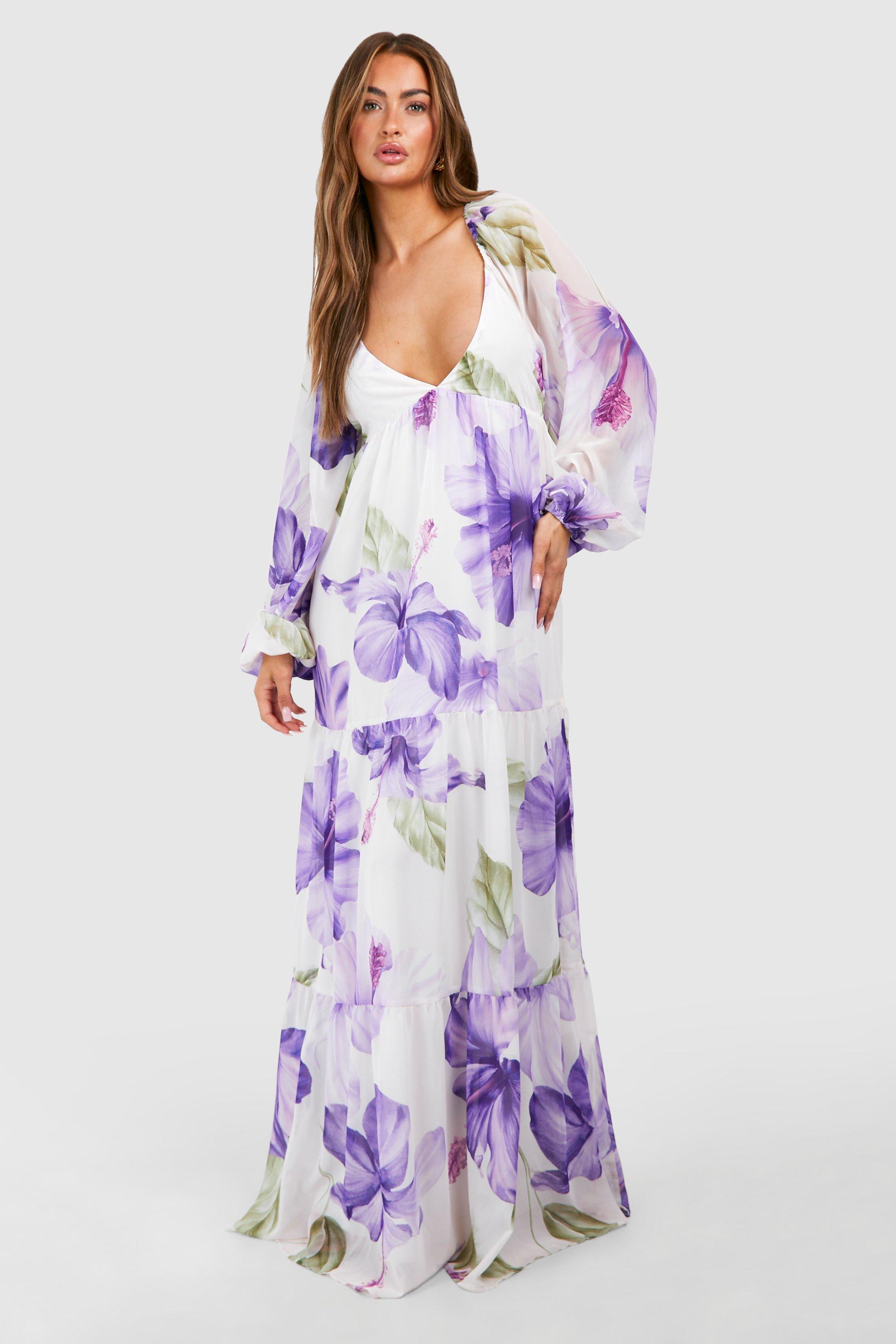 Floral Tiered Chiffon Maxi Dress - Purple - 18