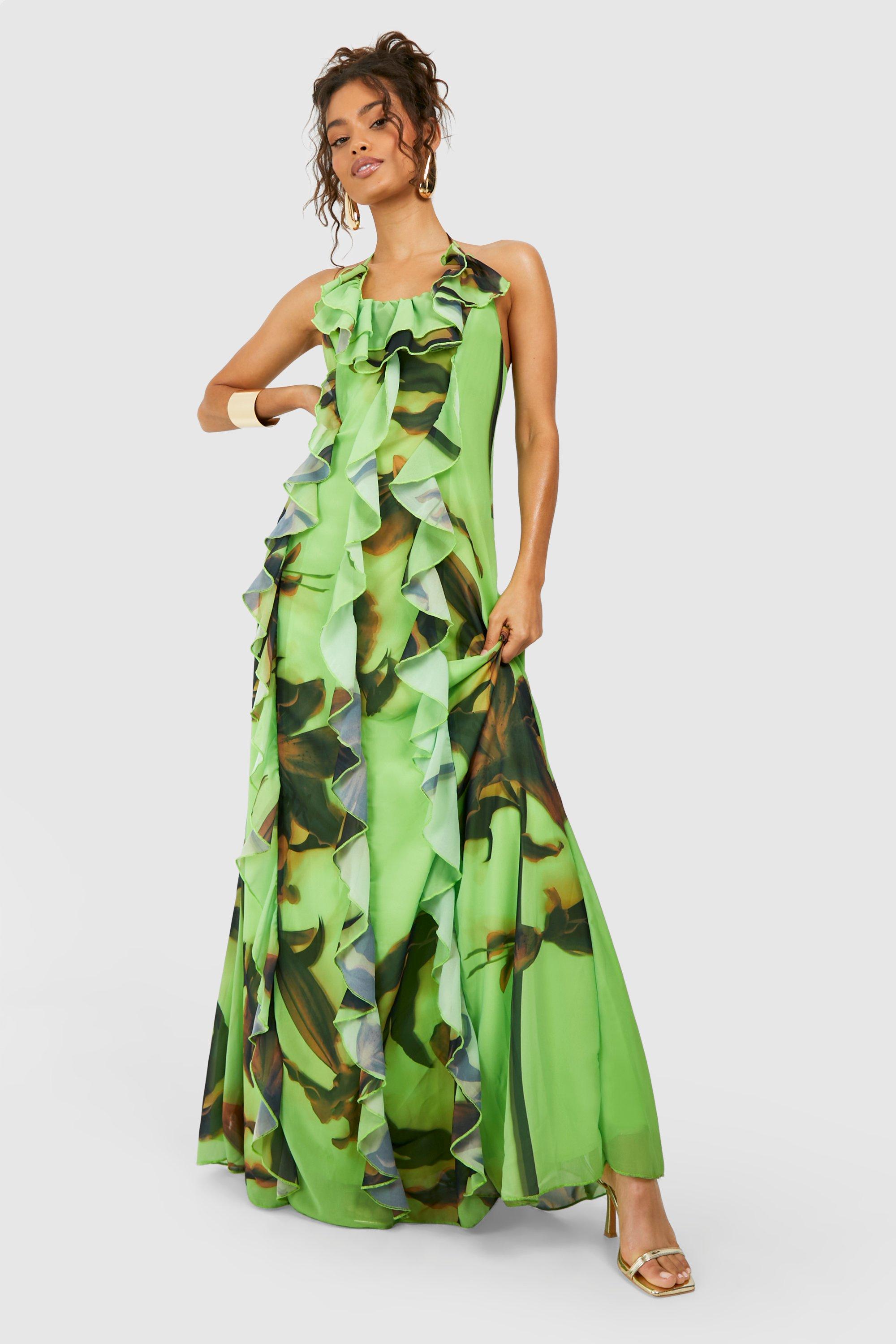 Image of Printed Chiffon Ruffle Maxi Dress, Verde