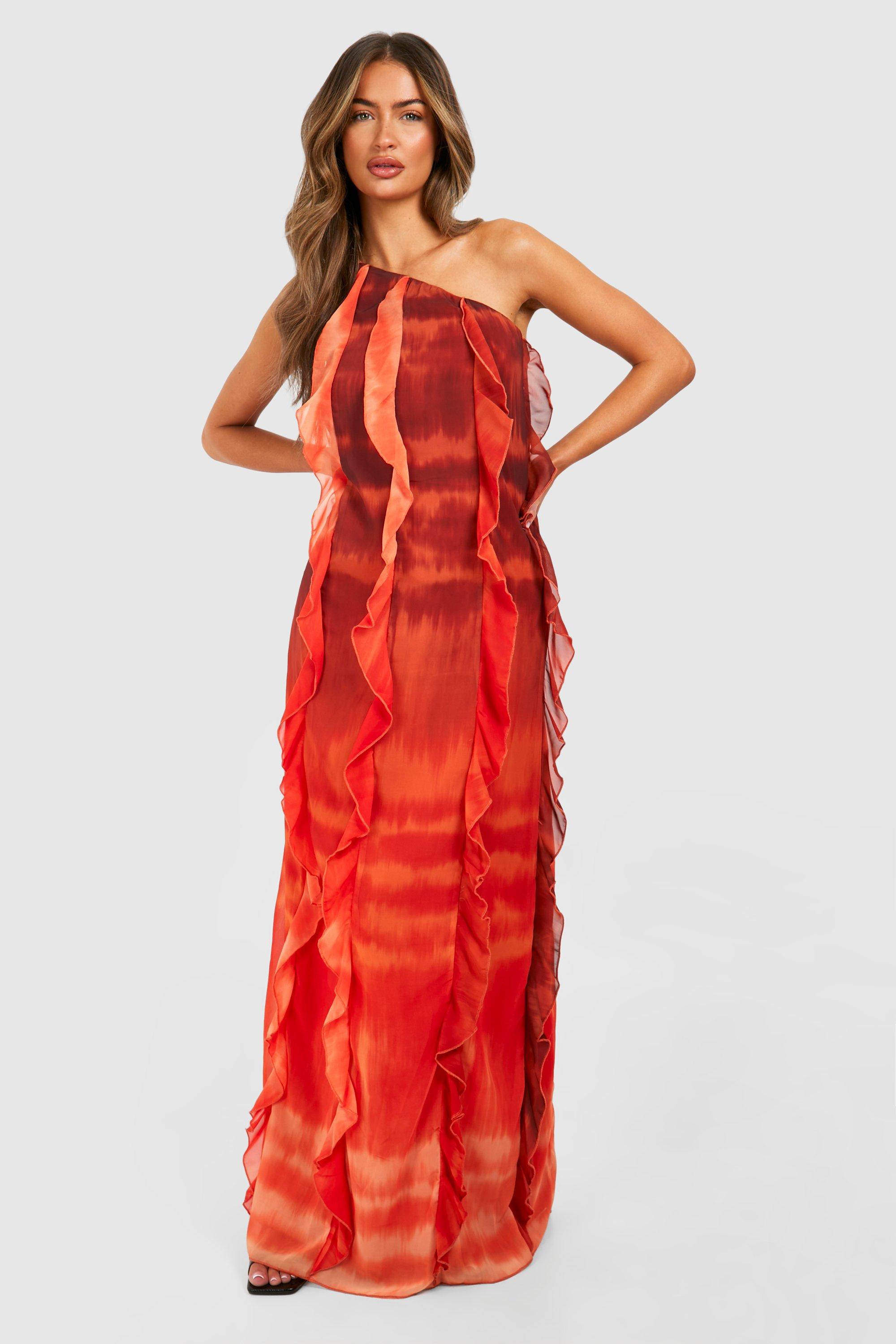 Image of Ombre Print Ruffle Asymmetric Maxi Dress, Arancio