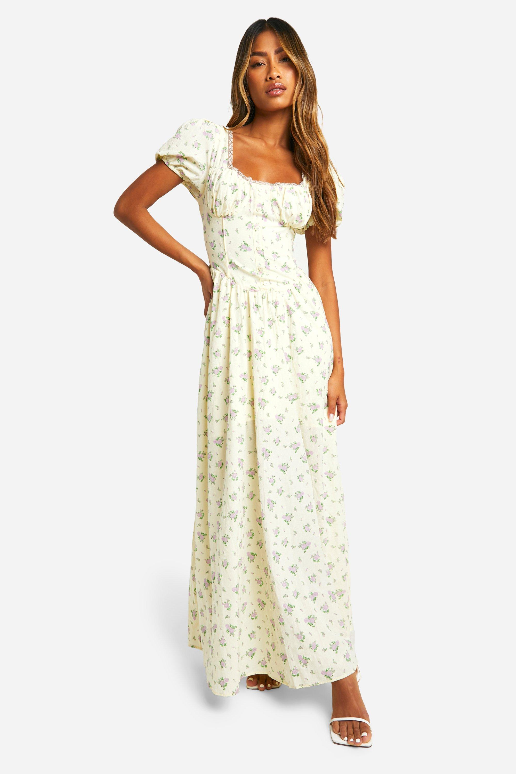 Image of Ditsy Floral Puff Sleeve Milkmaid Maxi Dress, Giallo