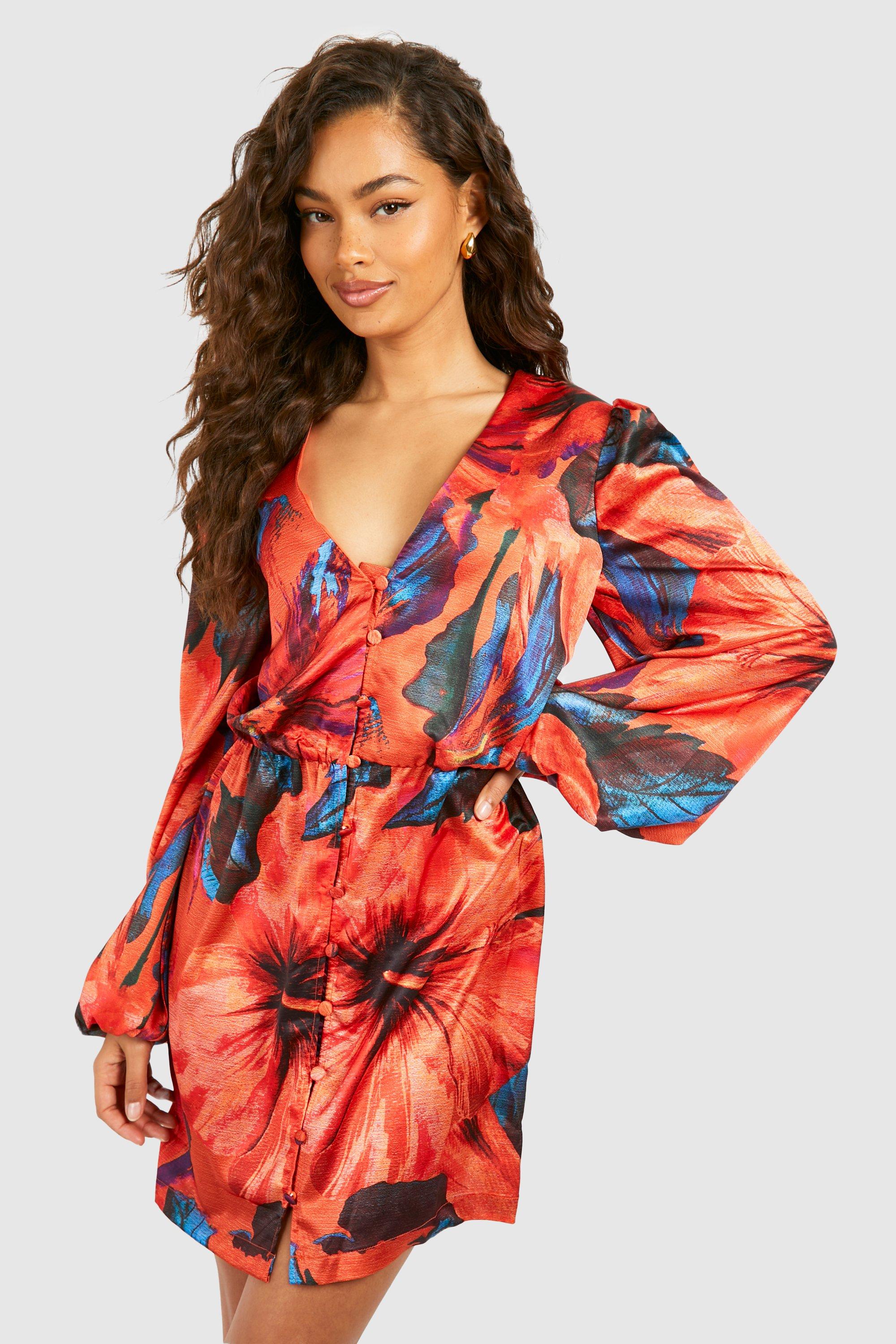 Image of Tropical Print Blouson Sleeve Mini Dress, Arancio