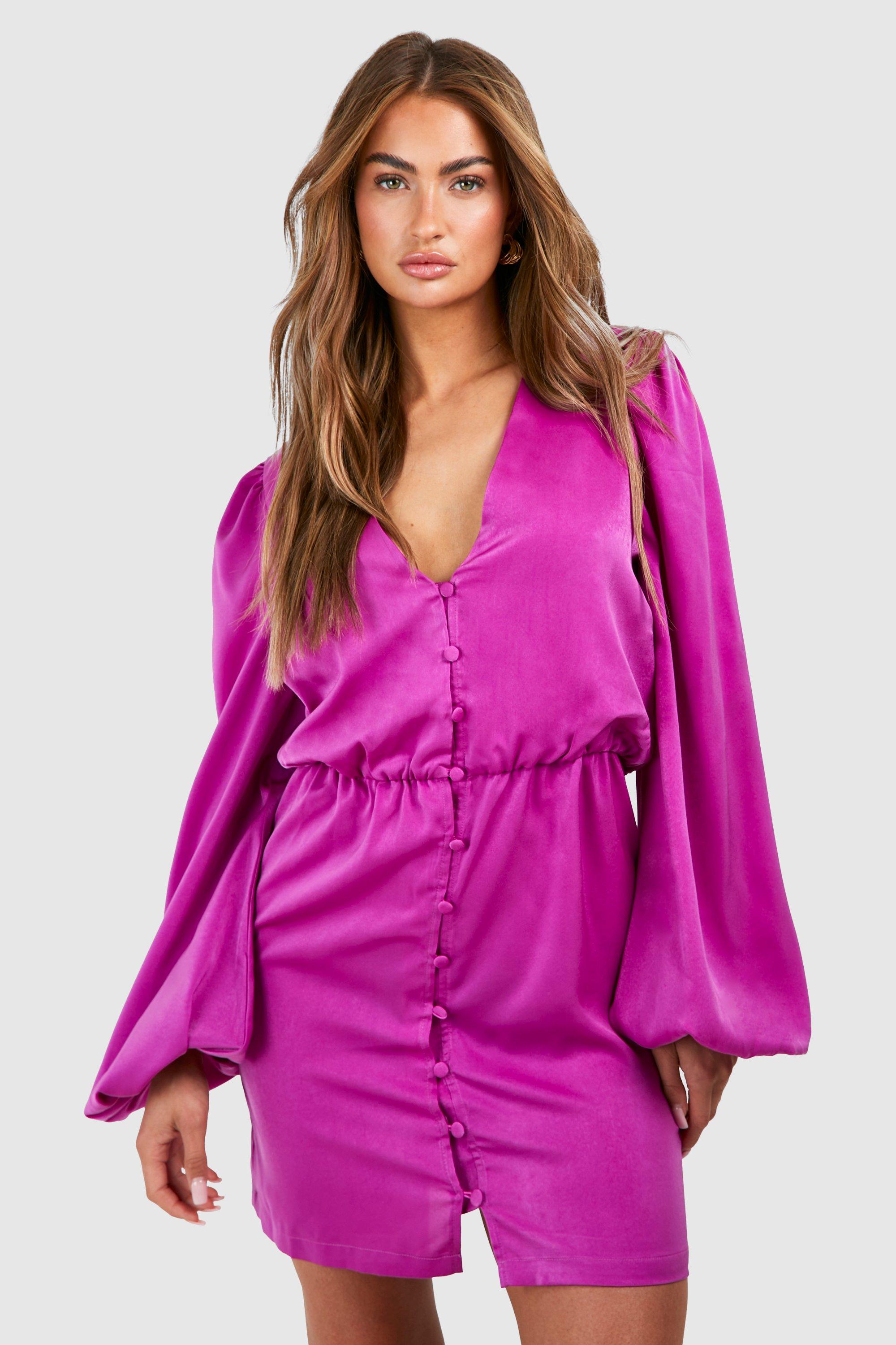 Boohoo Satijnen Mini Jurk Met Shirtmouwen, Hot Pink