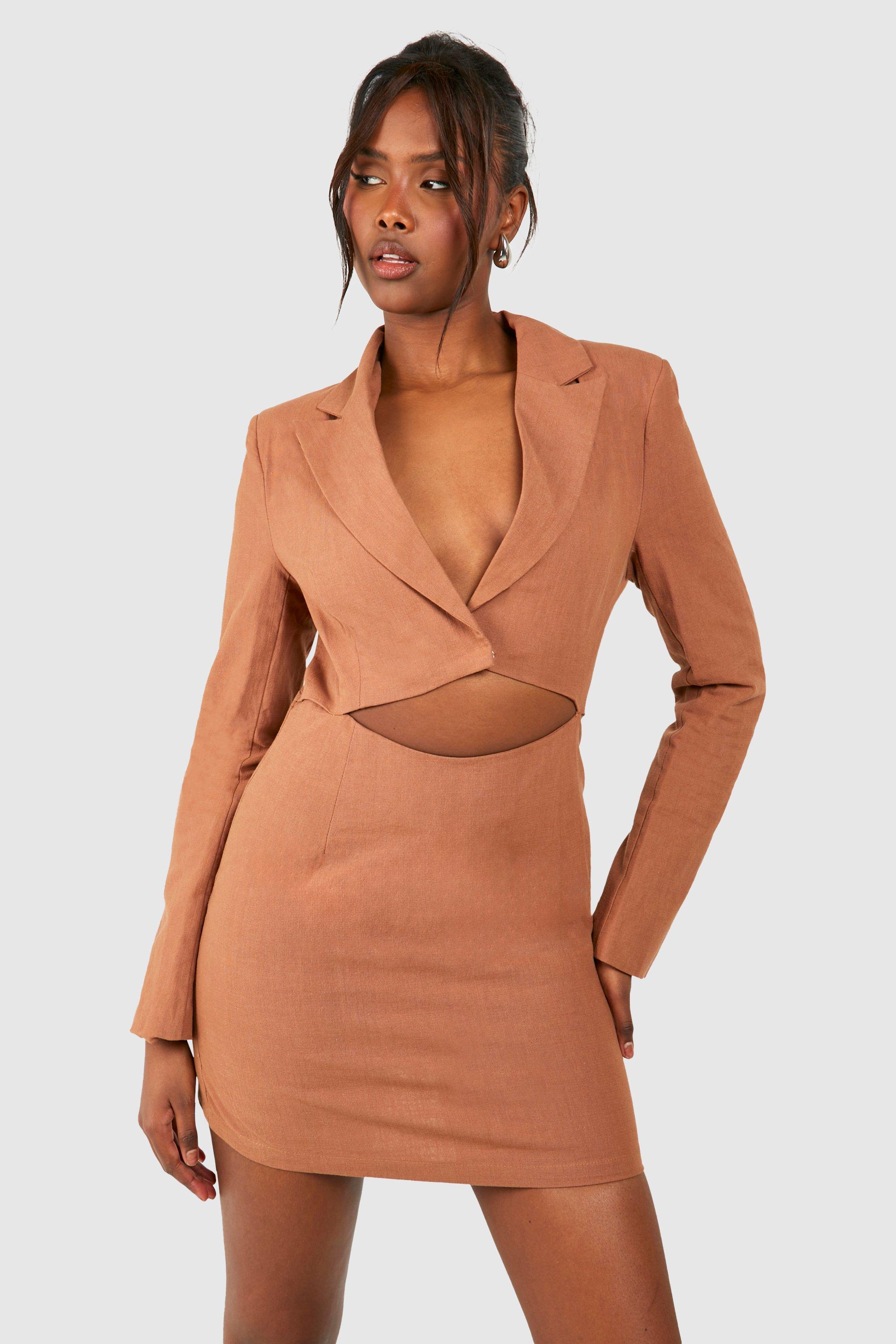 Image of Linen Cut Out Blazer Dress, Brown