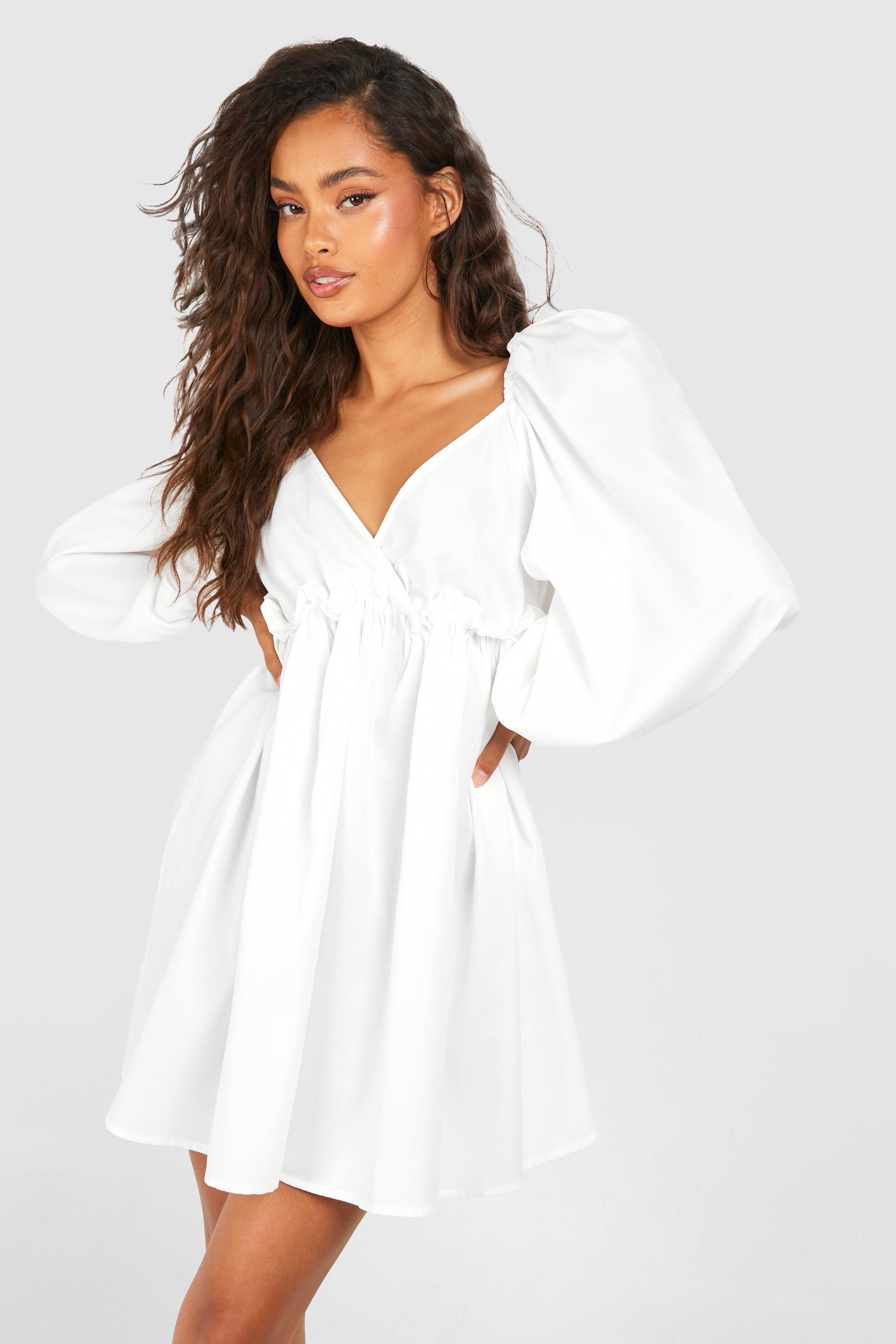 Image of Puff Sleeve Plunge Smock Dress, Bianco