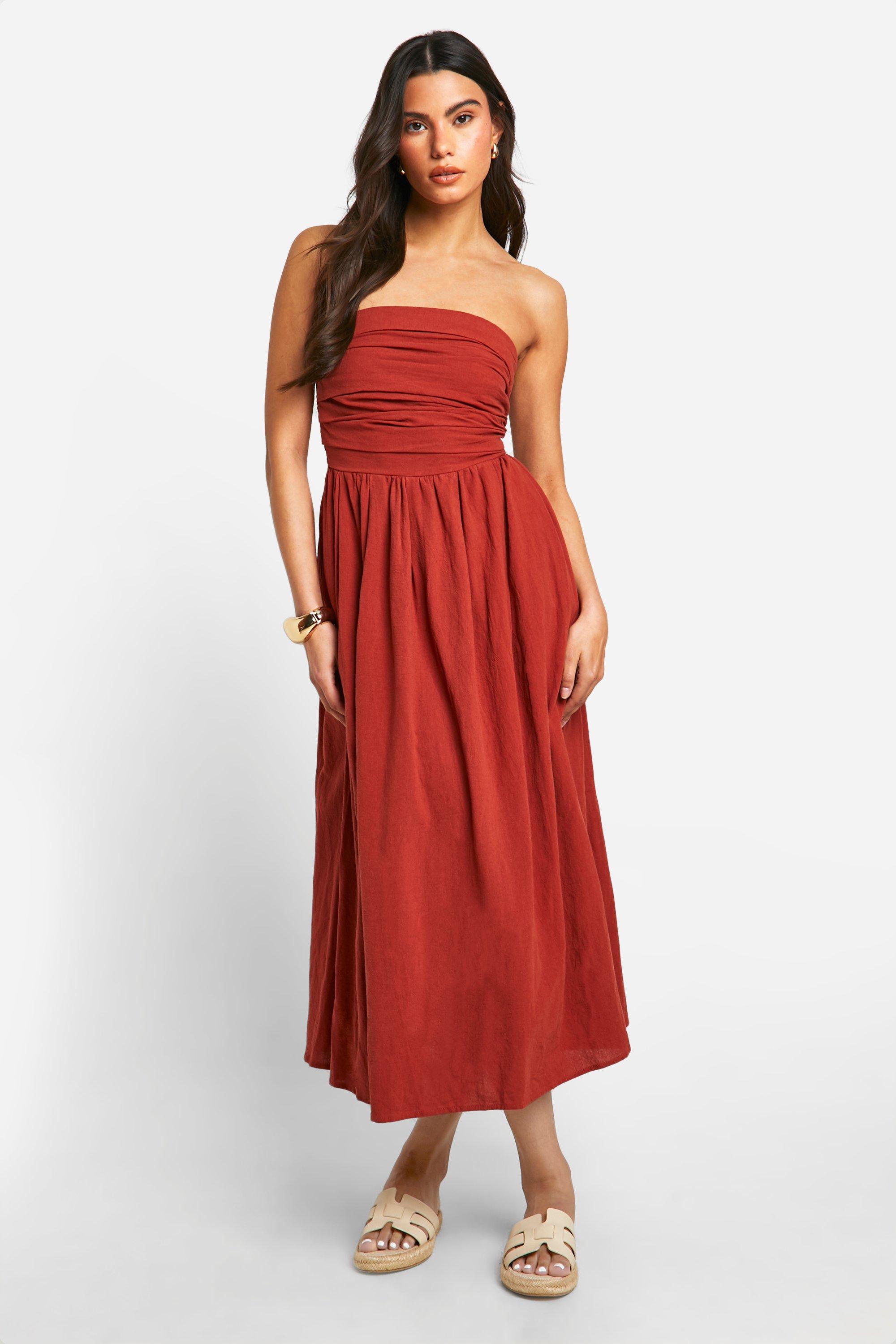Womens Linen Look Bandeau Midaxi Dress - Orange - 18, Orange