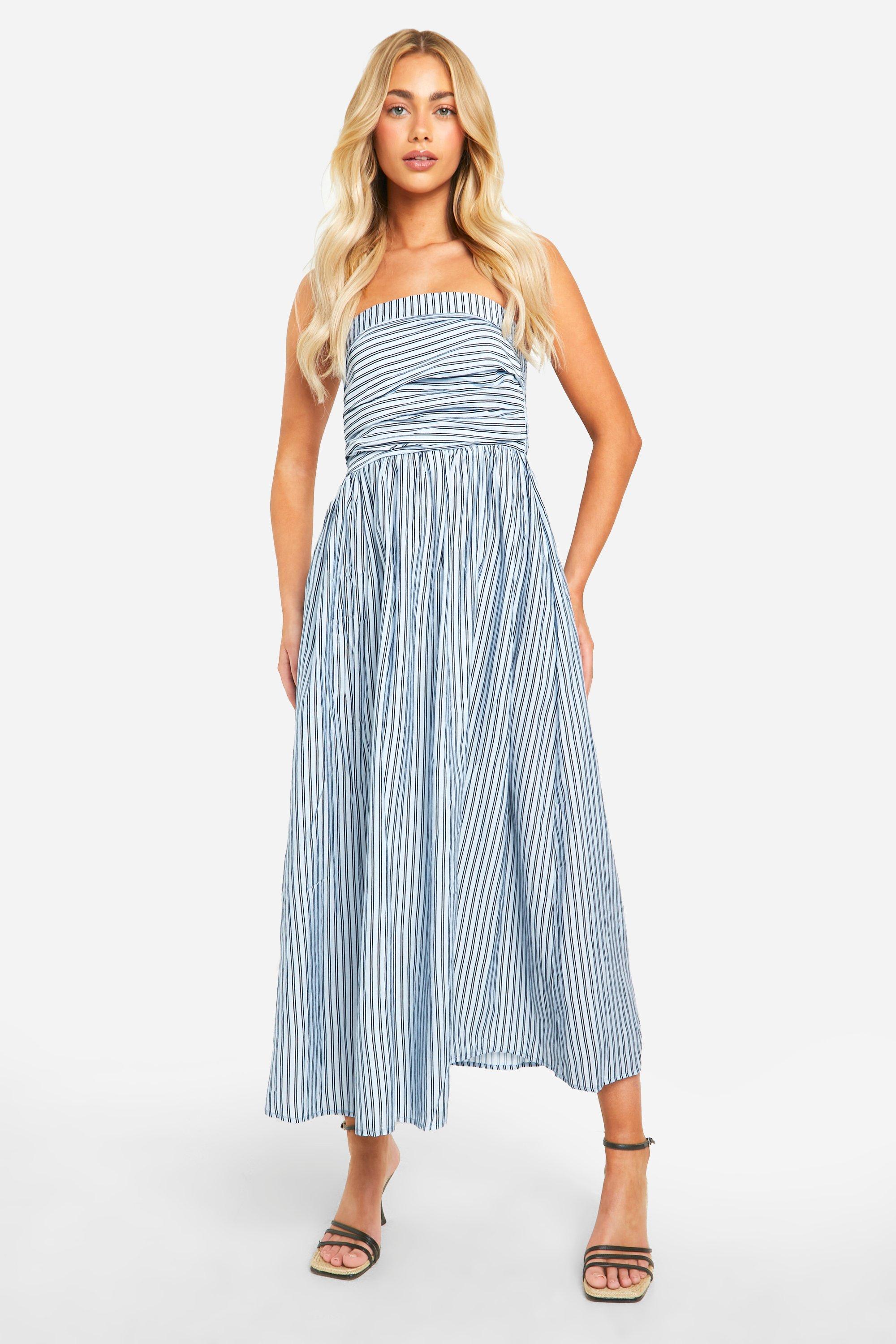 Womens Striped Linen Look Bandeau Midaxi Dress - Navy - 14, Navy