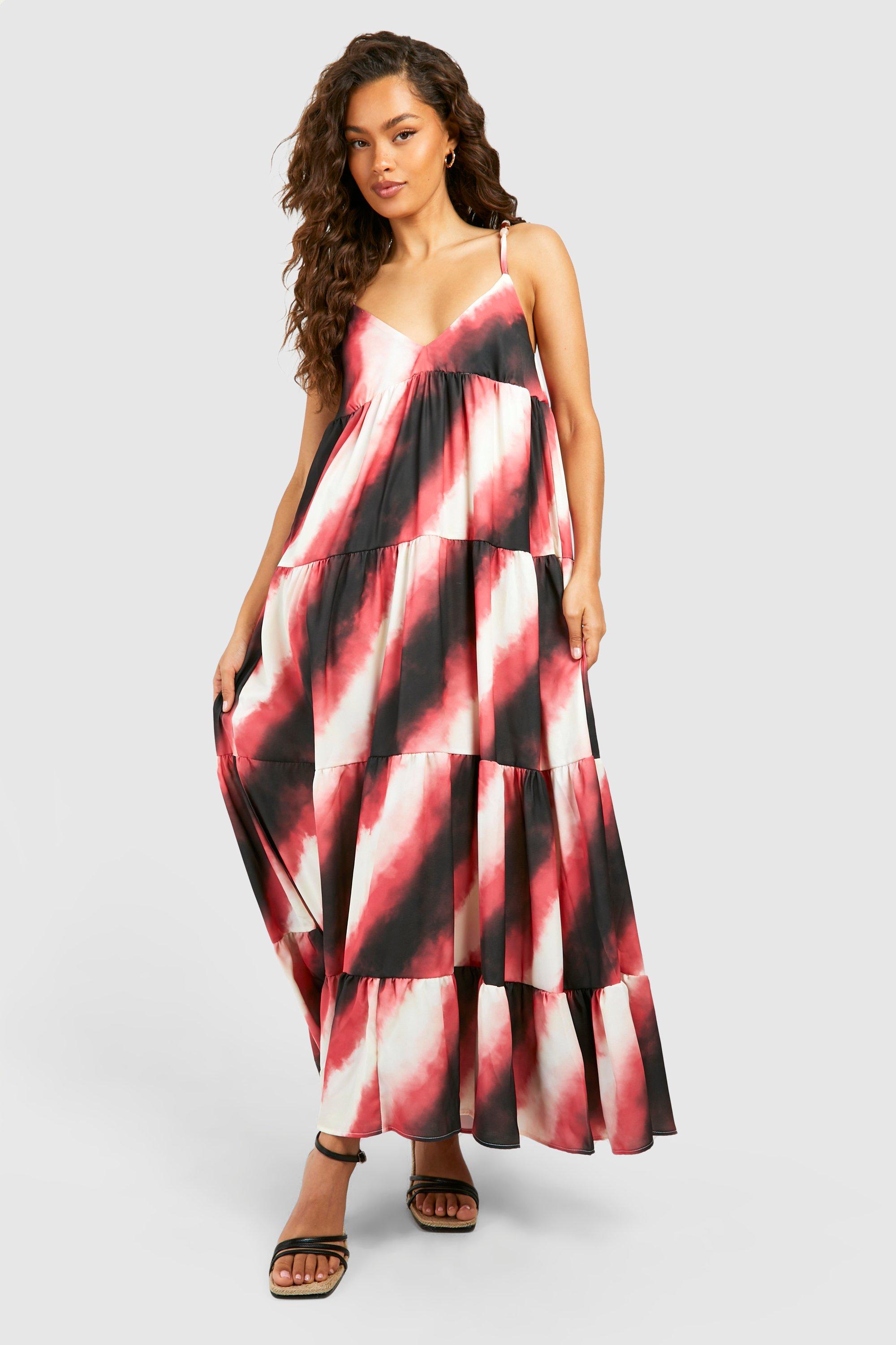 Image of Ombre Print Bead Strappy Tiered Midaxi Dress, Pink