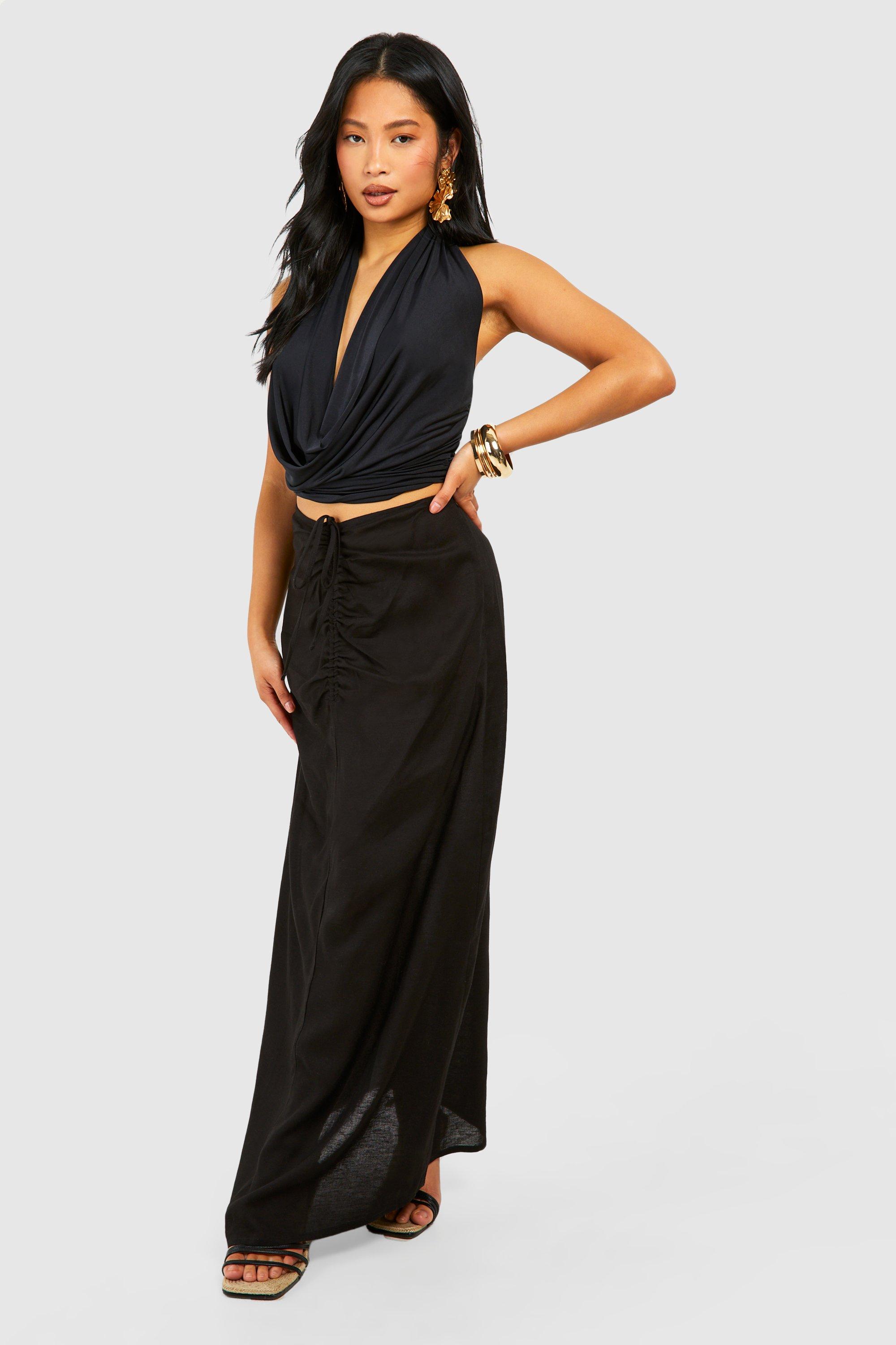 Boohoo Petite Gerimpelde Linnen Maxi Rok, Black