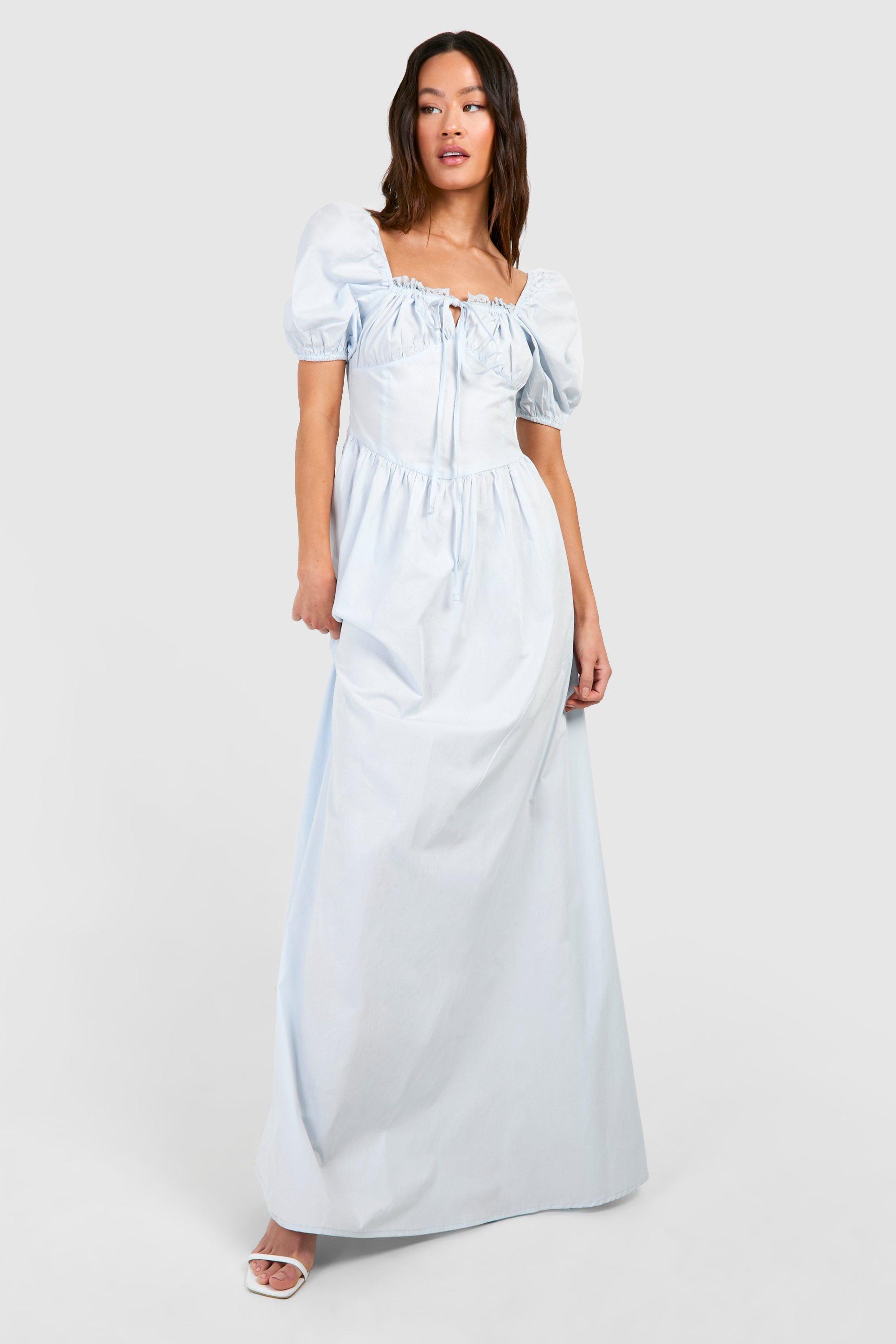 Womens Tall Cotton Poplin Milkmaid Maxi Dress - Blue - 16, Blue