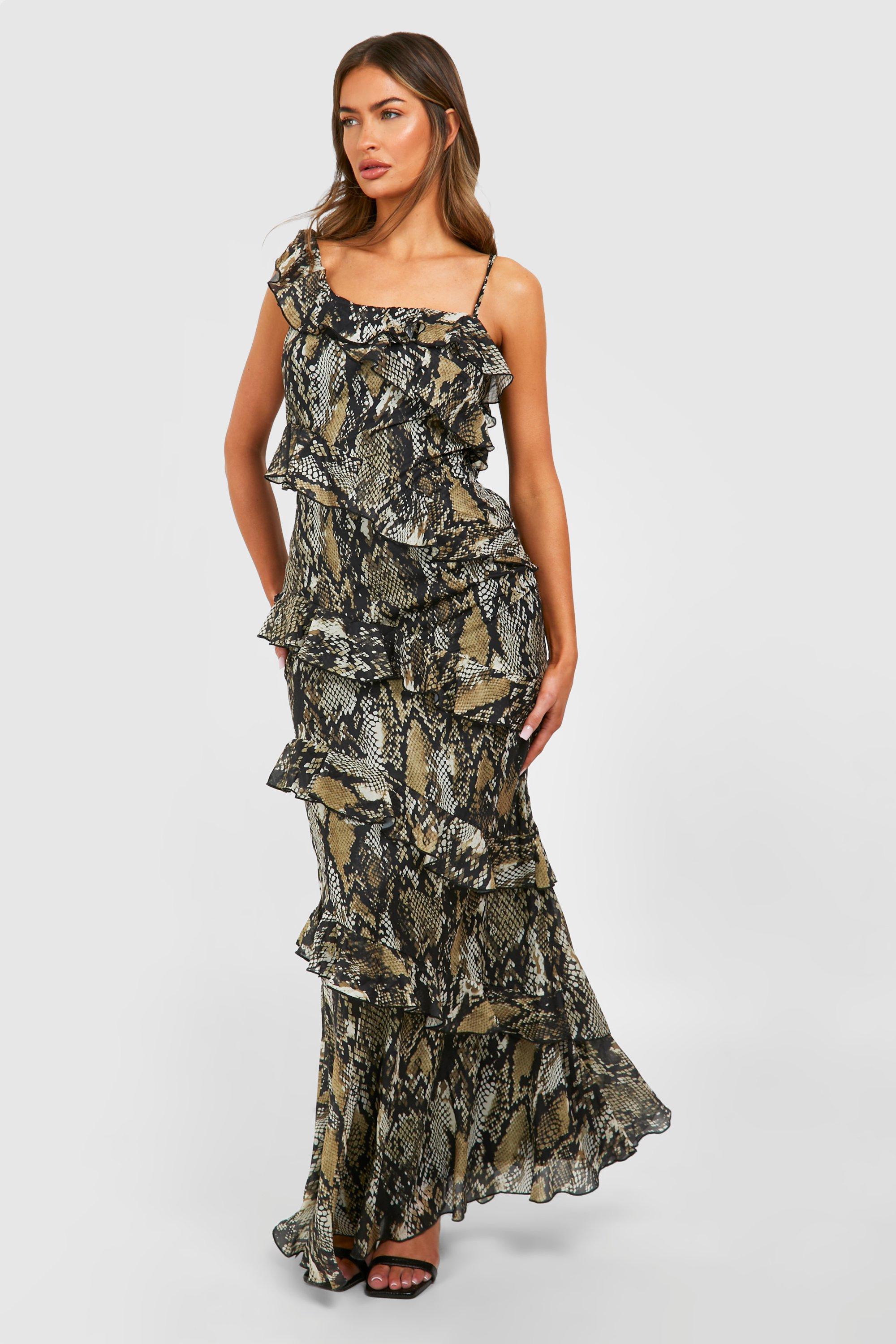 Image of Snake Ruffle Chiffon Asymmetric Maxi Dress, Brown