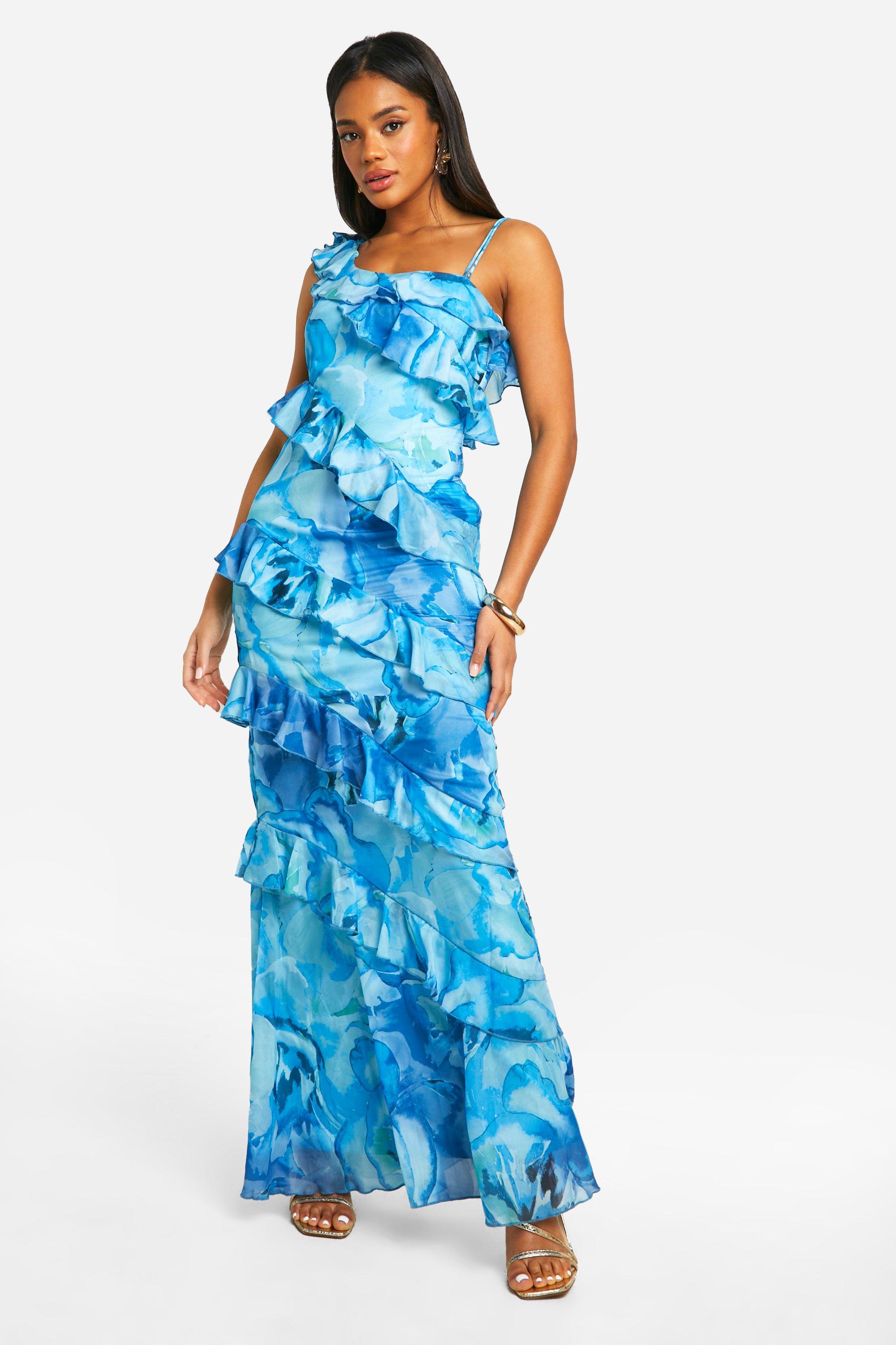 Image of Floral Ruffle Chiffon Asymmetric Maxi Dress, Azzurro