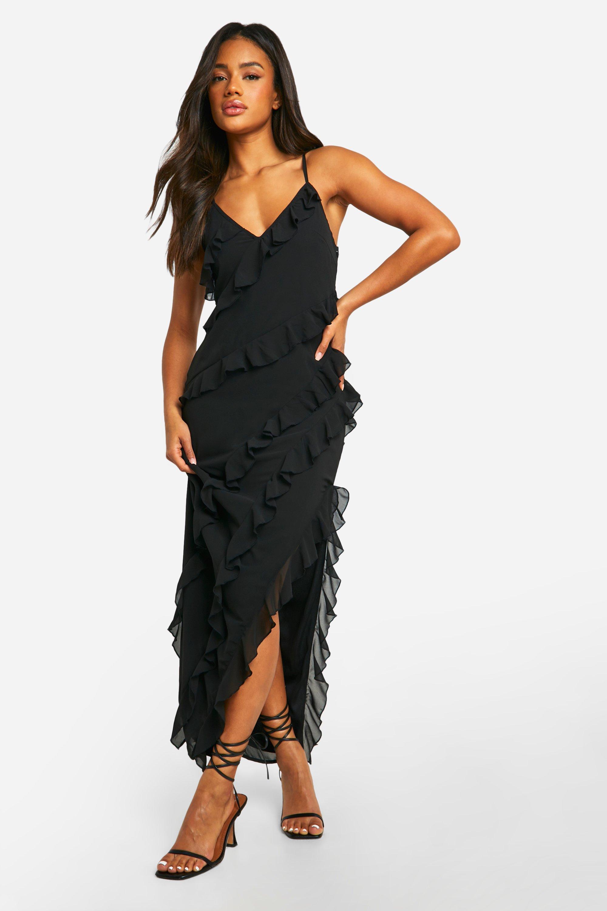 Image of Vestito maxi in chiffon con arricciature, Nero