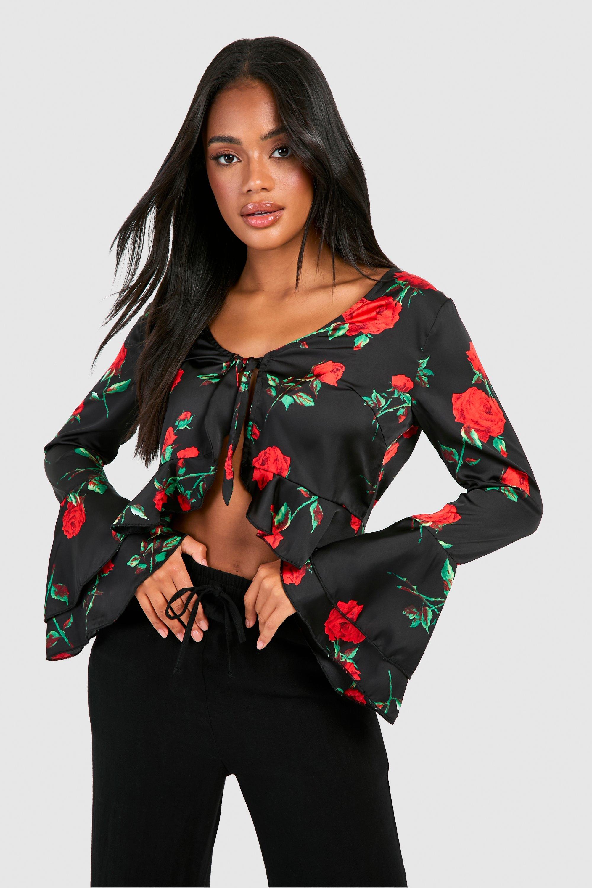 Image of Rose Print Ruffle Blouse, Rosso