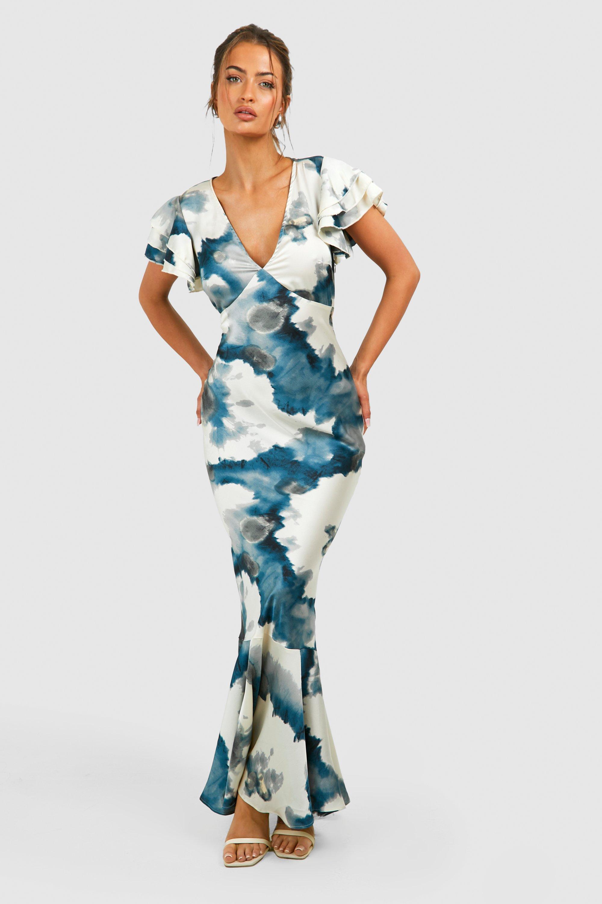 Abstract Satin Ruffle Sleeve Maxi Dress - Blue - 18