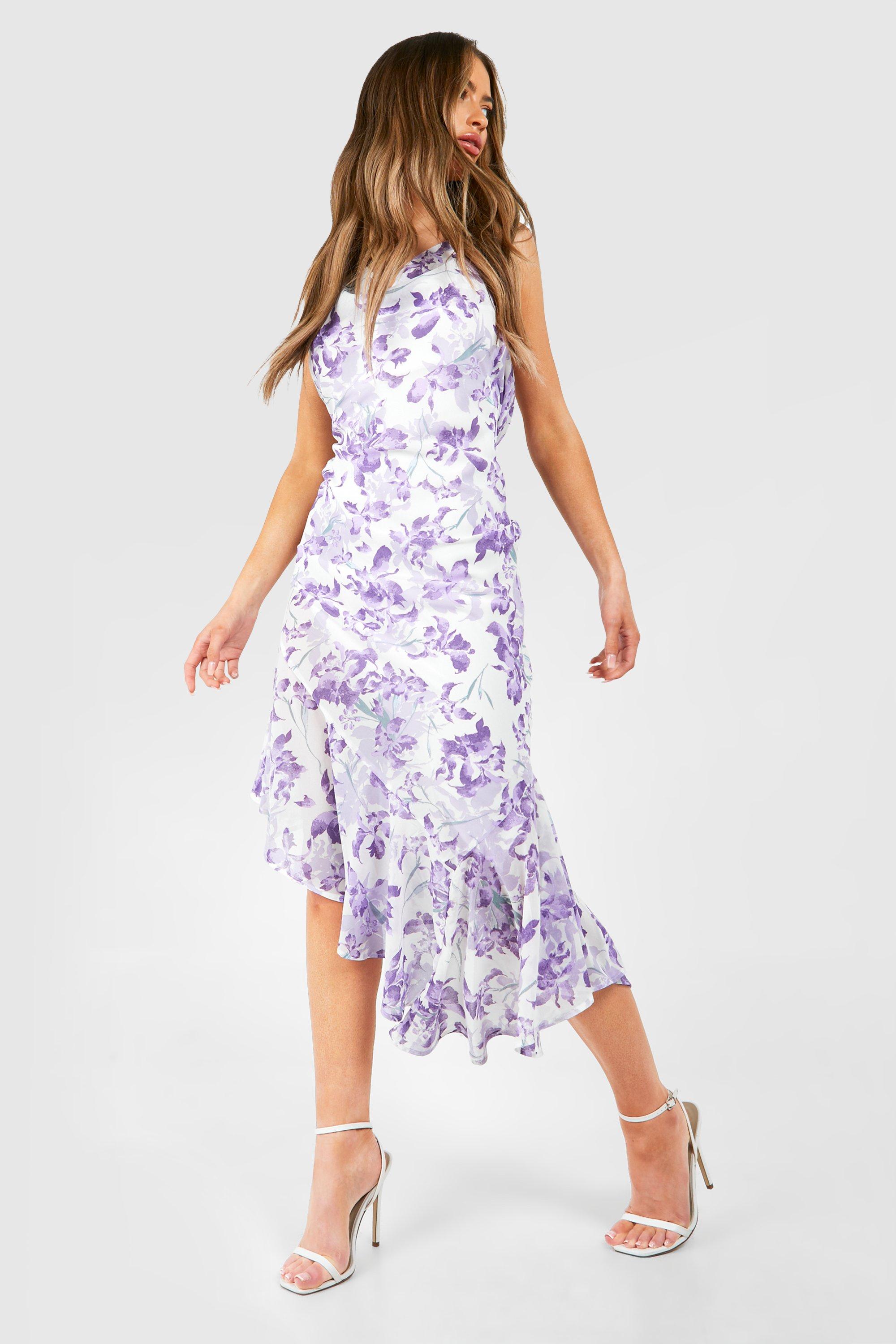 Image of Floral Cowl Back Asymmetric Maxi Dress, Purple
