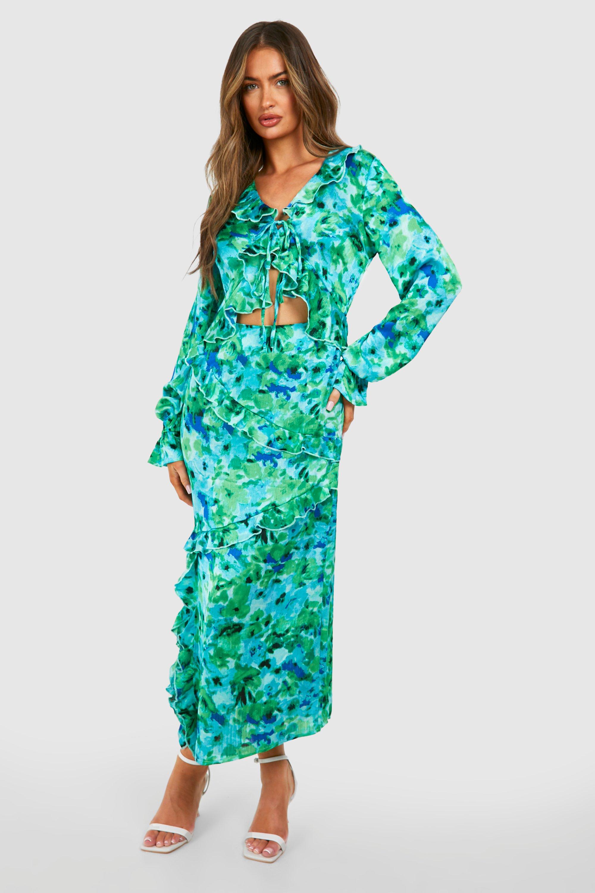 Image of Floral Cut Out Ruffle Midaxi Dress, Verde