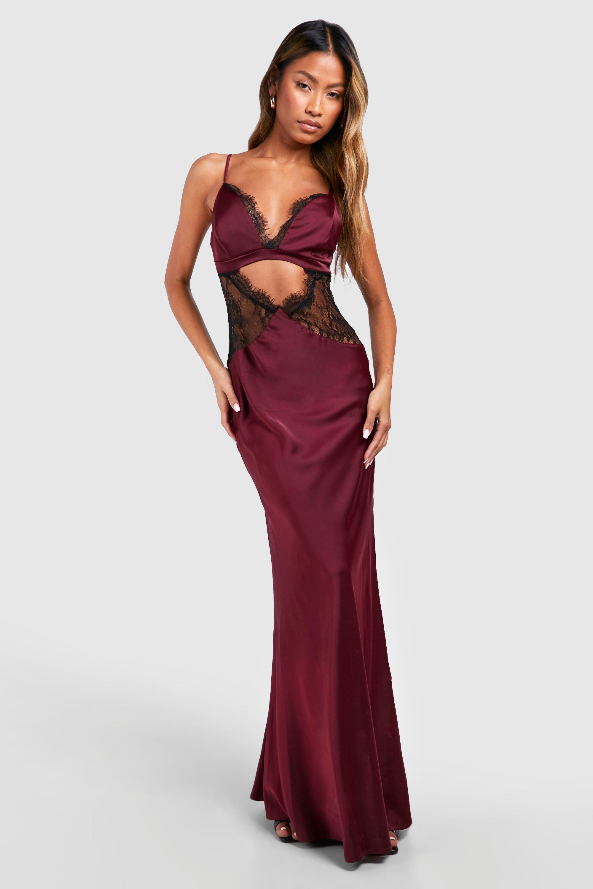Image of Satin Lace Detail Maxi Slip Dress, Rosso