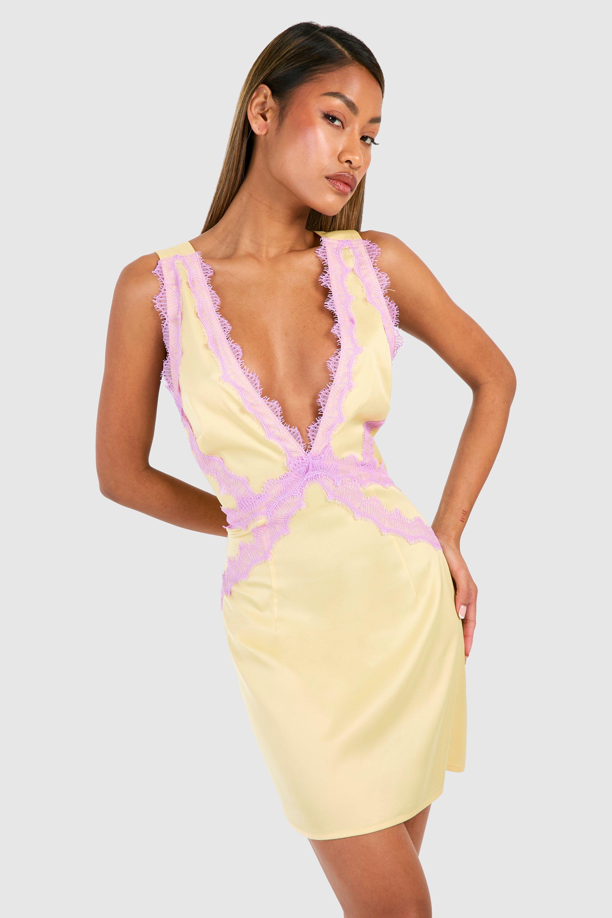 Image of Lace Trim Satin Mini Slip Dress, Giallo