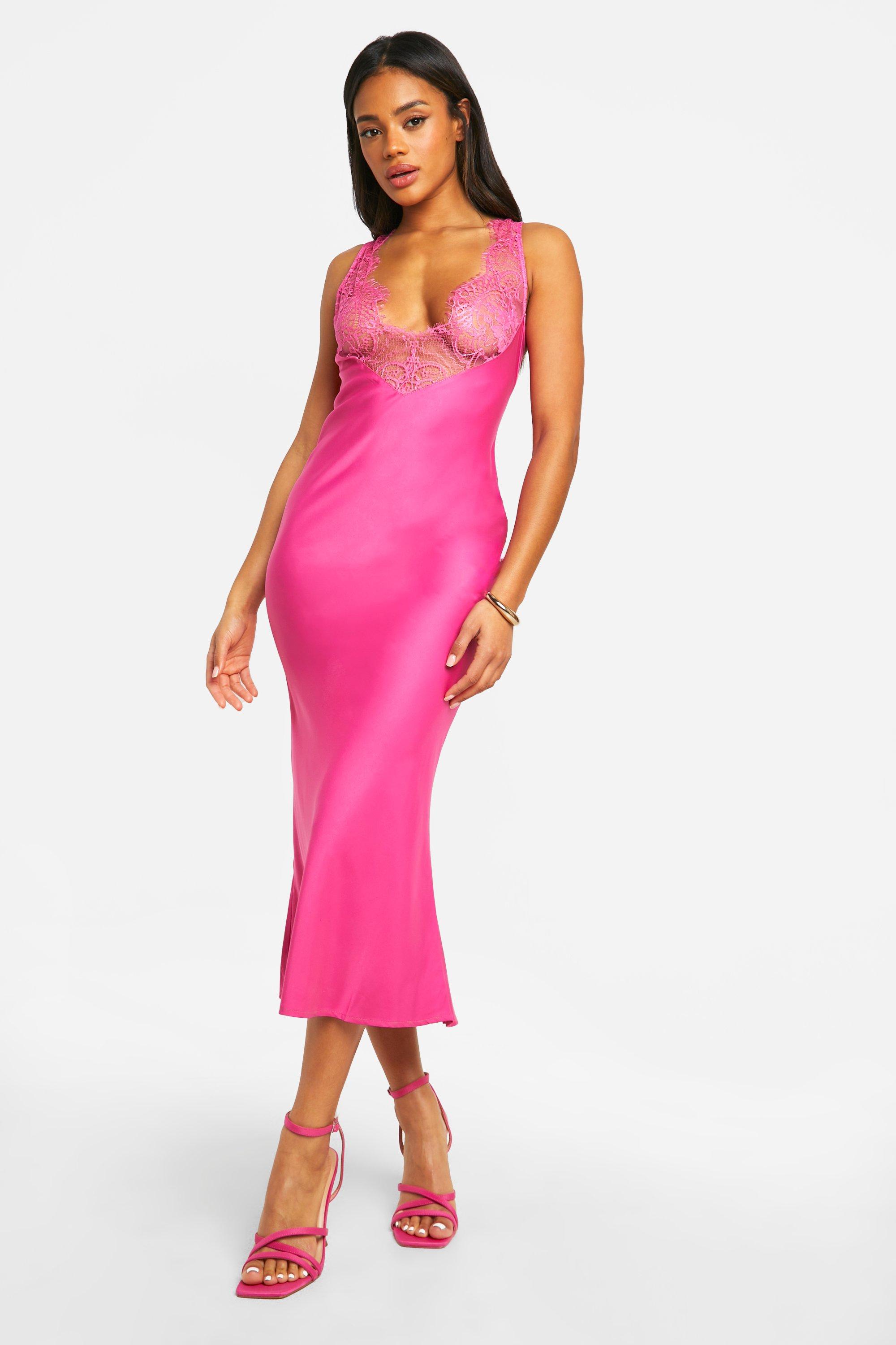 Image of Lace Trim Satin Midi Slip Dress, Pink