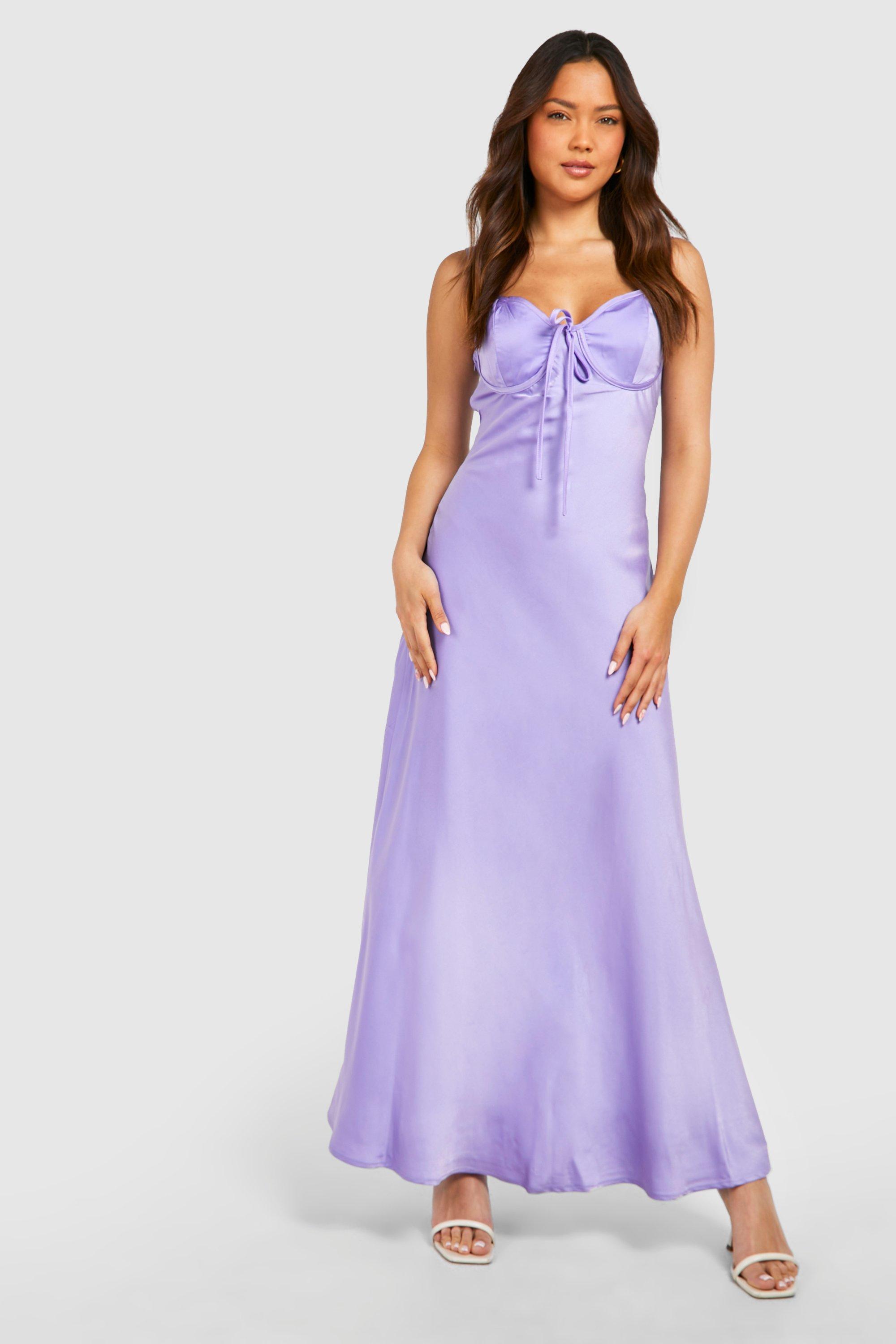 Image of Satin Rouched Bust Maxi Slip Dress, Purple