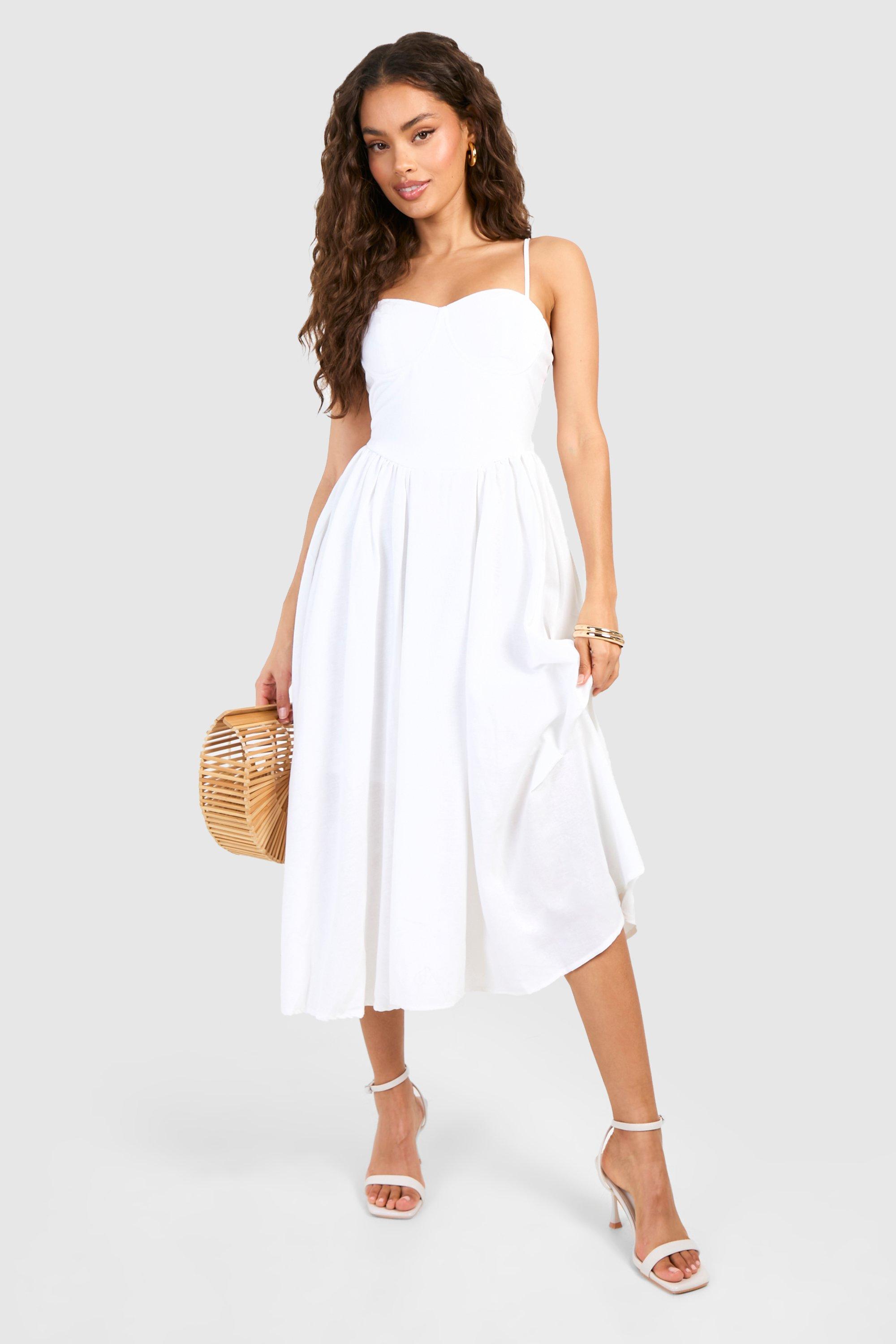 Linen Milkmaid Midi Dress - White - 16