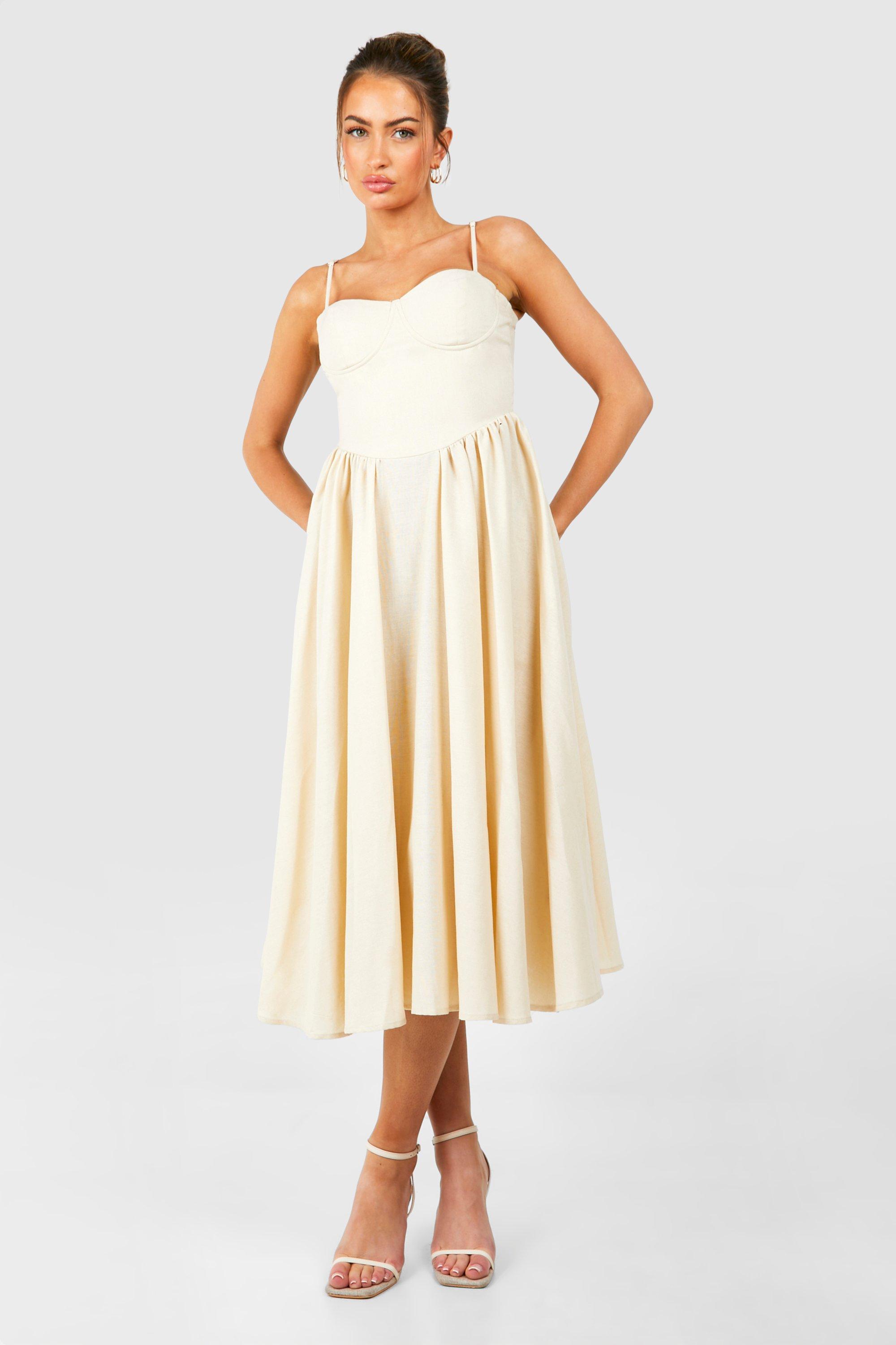 Linen Milkmaid Midi Dress - Beige - 10