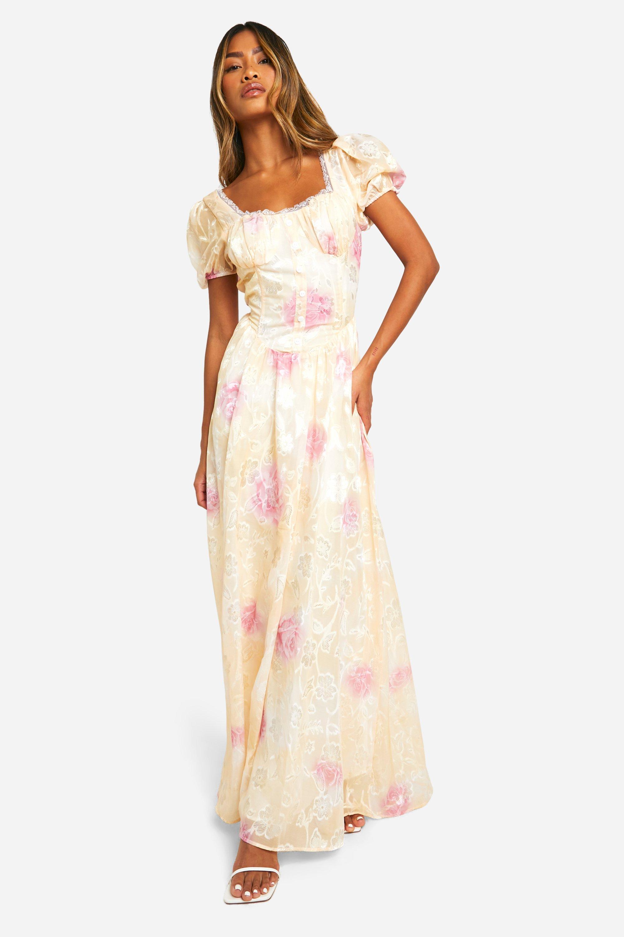 Image of Floral Jacquard Puff Sleeve Milkmaid Maxi Dress, Giallo
