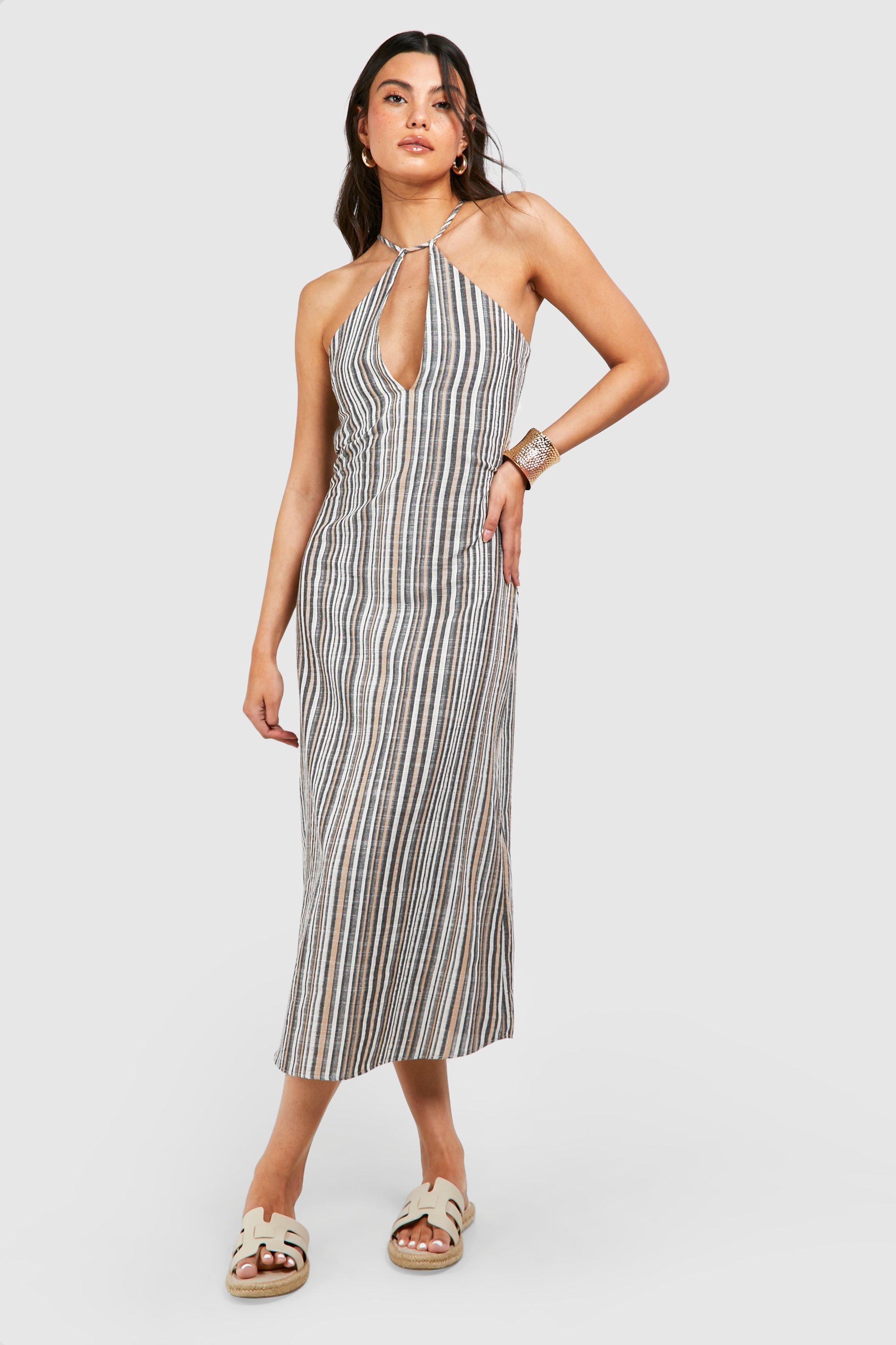 Image of Linen Stripe Halterneck Midaxi Dress, Nero