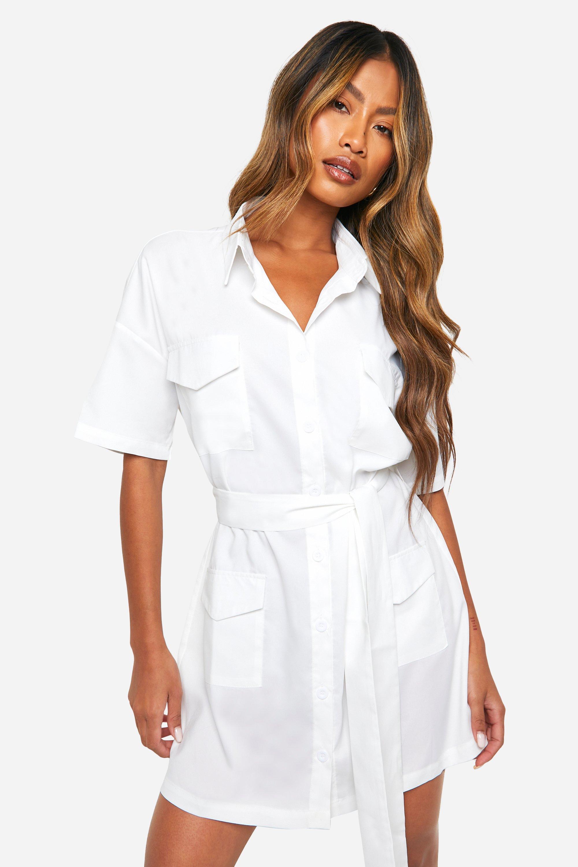 Boohoo Poplin Short Sleeve Utility Shirt Dress, White
