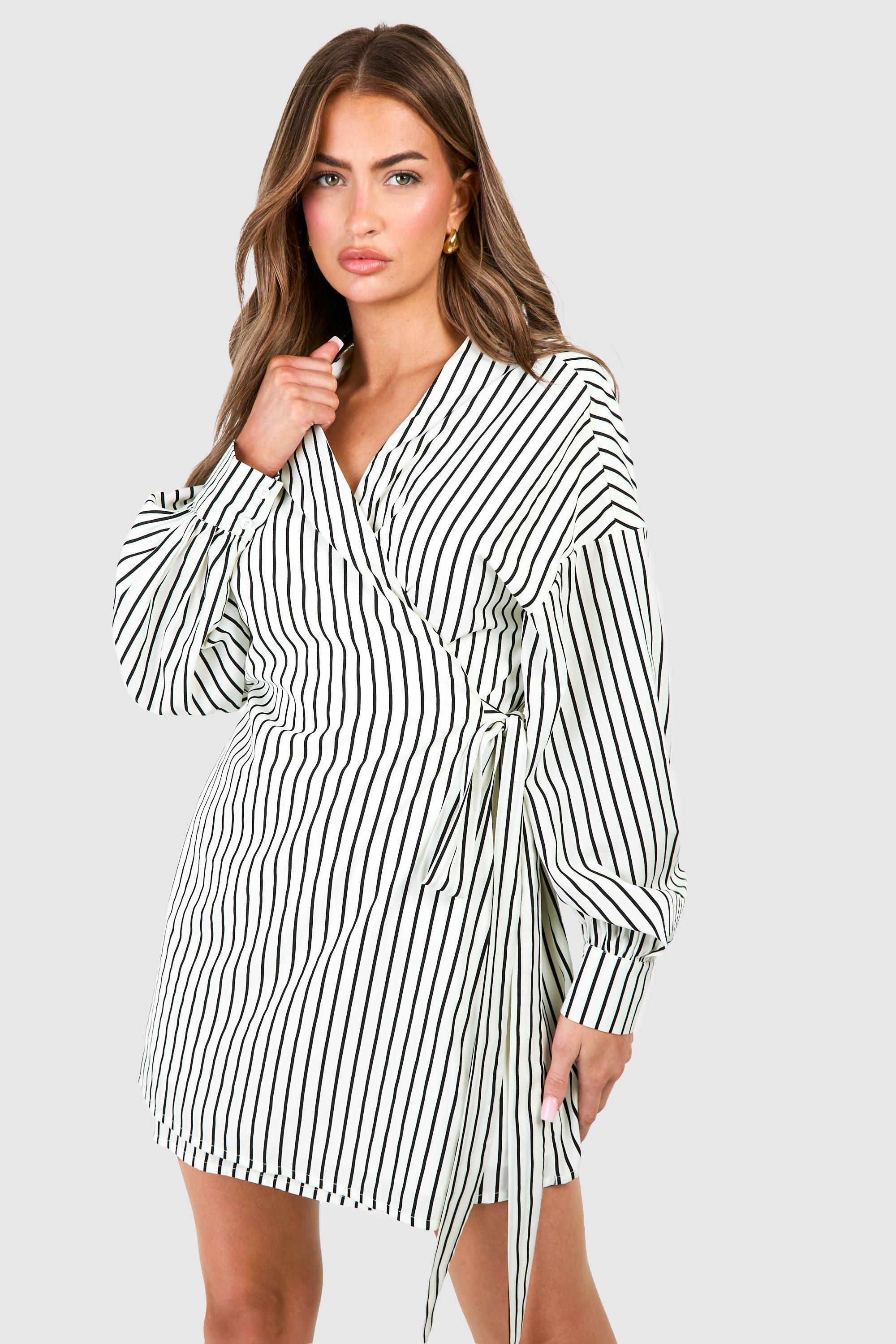 Image of Stripe Wrap Belted Shirt Dress, Bianco