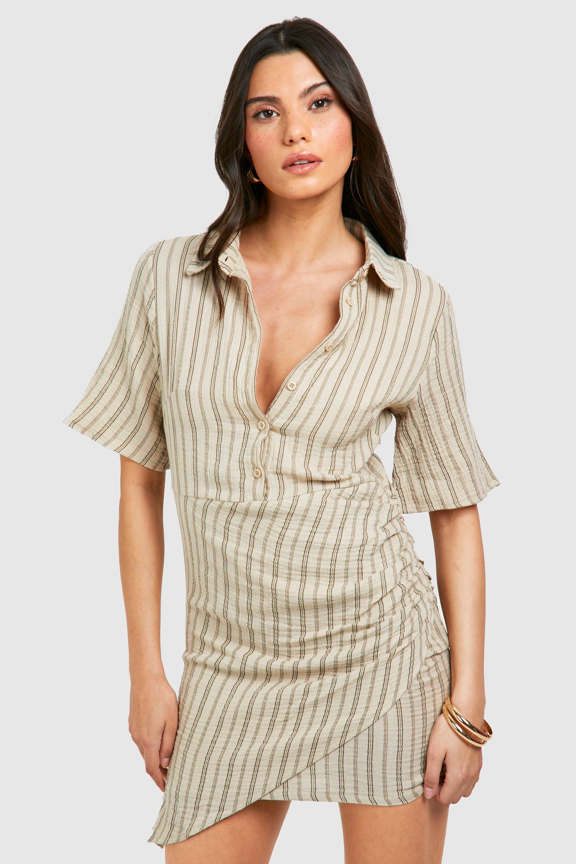 Image of Stripe Wrap Short Sleeve Shirt Dress, Beige