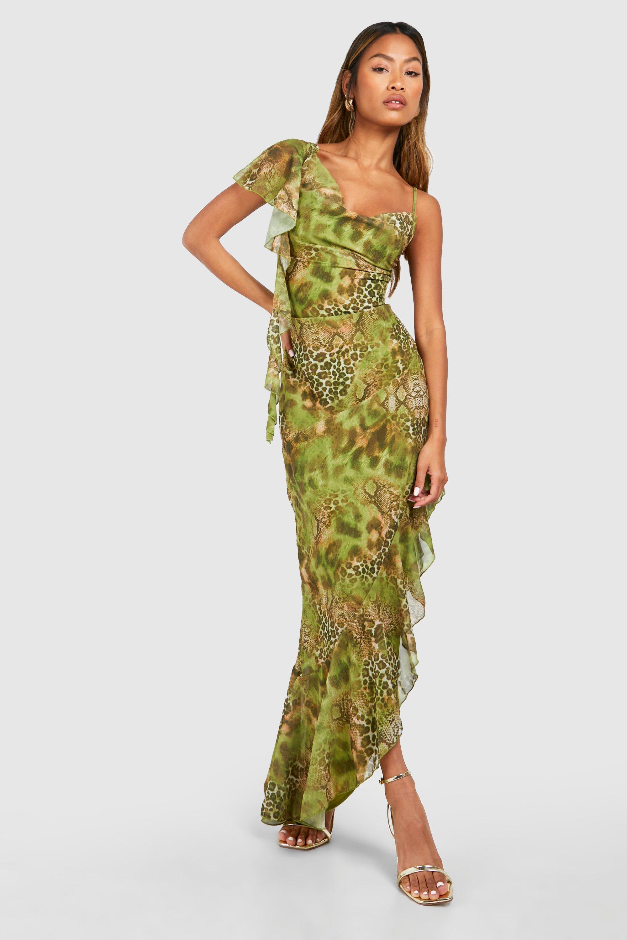 Image of Snake Printed Cowl Neck Maxi Dress, Verde