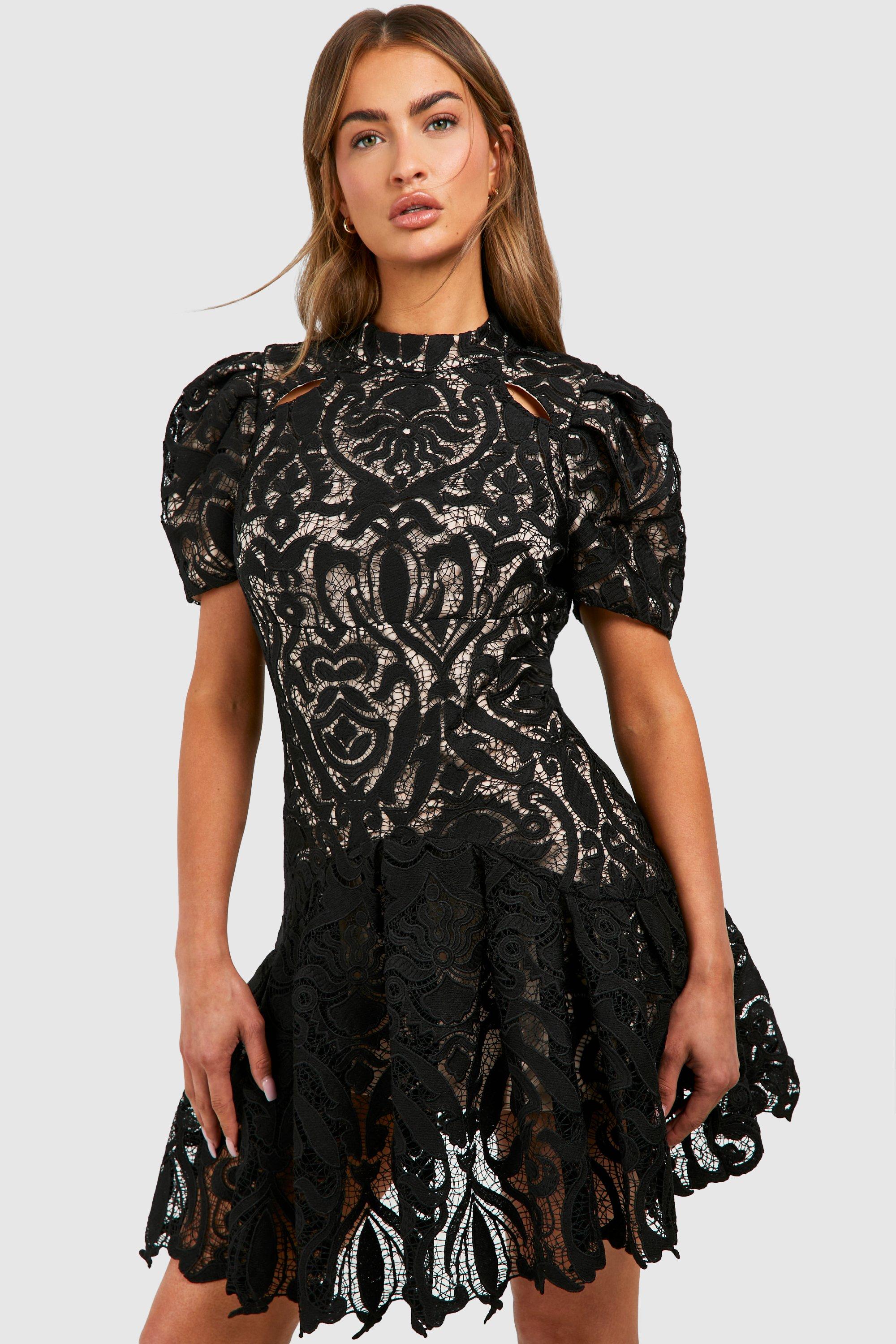 Image of Premium Crochet Lace Puff Sleeve Mini Dress, Nero