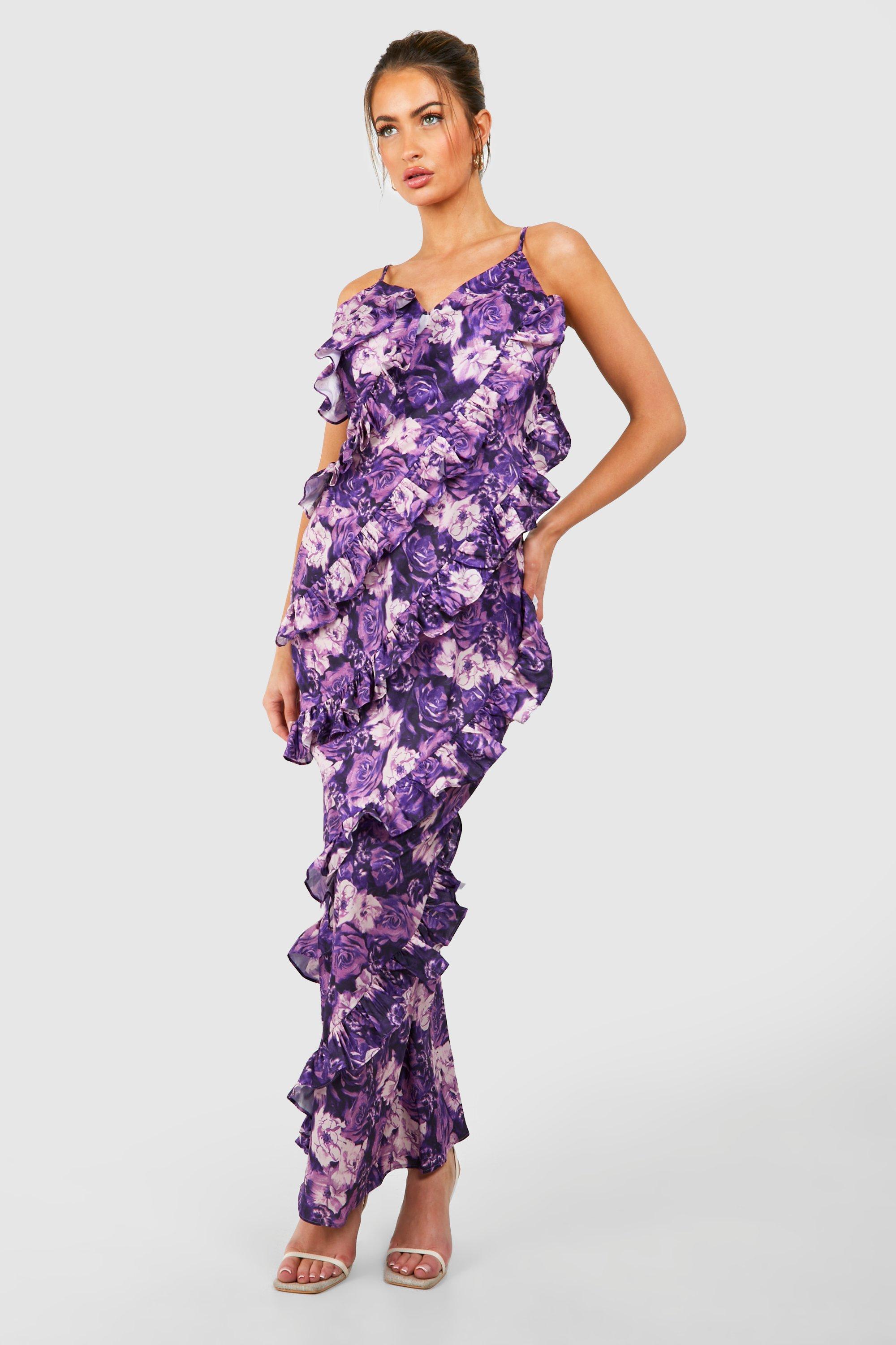 Image of Floral Print Ruffle Detail Maxi Dress, Purple