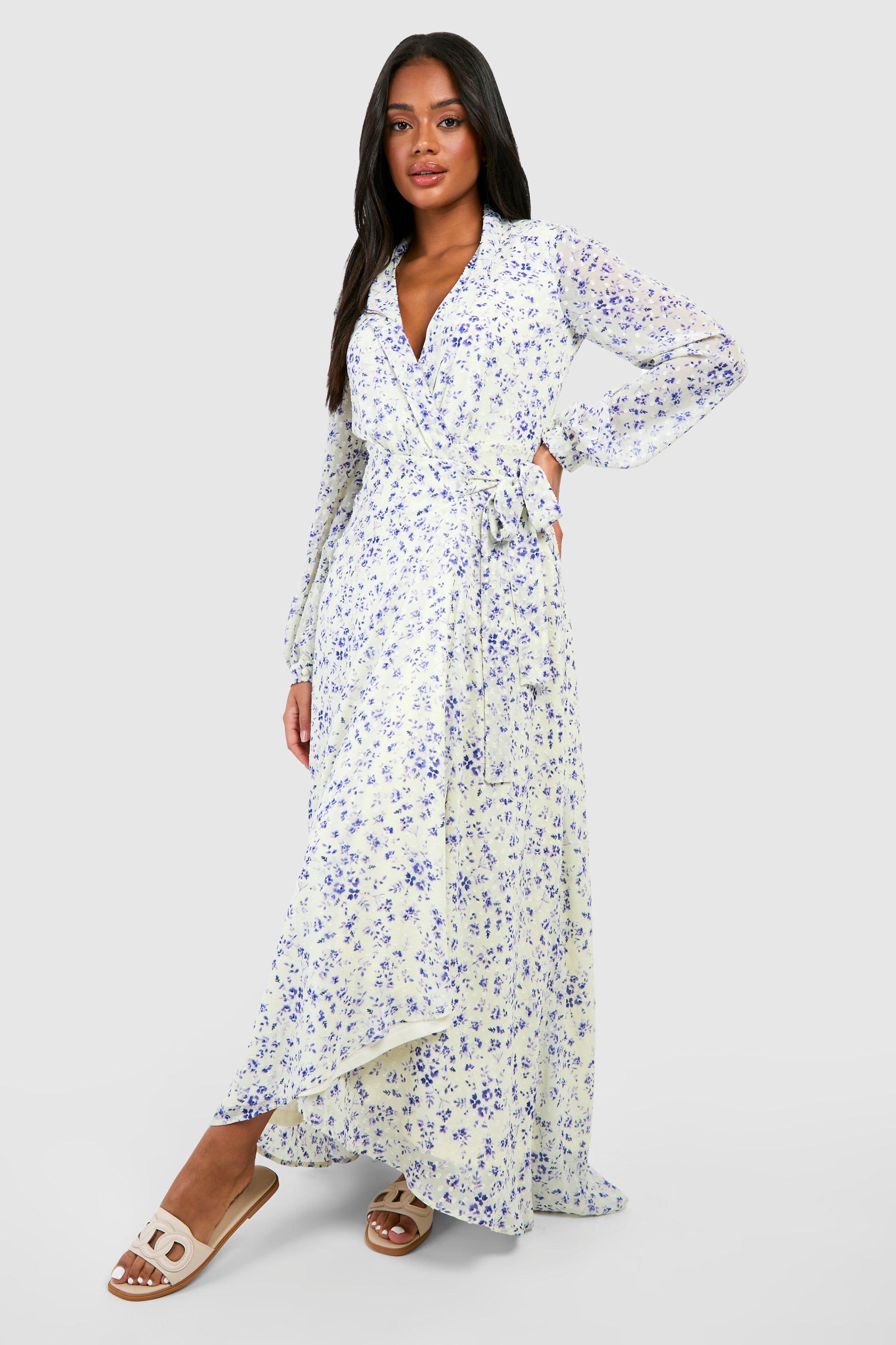 Image of Floral Wrap Belted Maxi Dress, Bianco