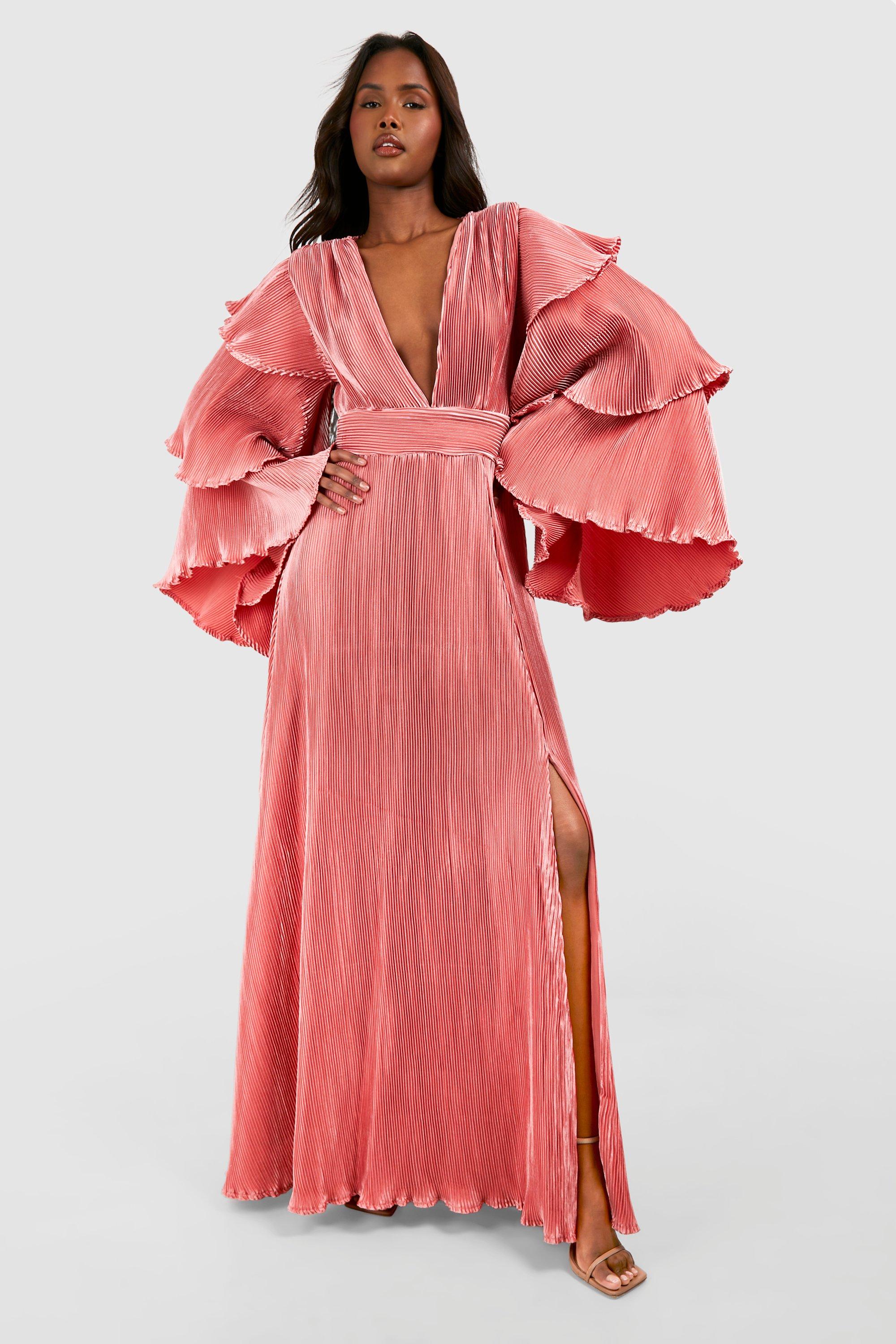 Image of Layered Ruffle Sleeve Maxi Dress, Pink