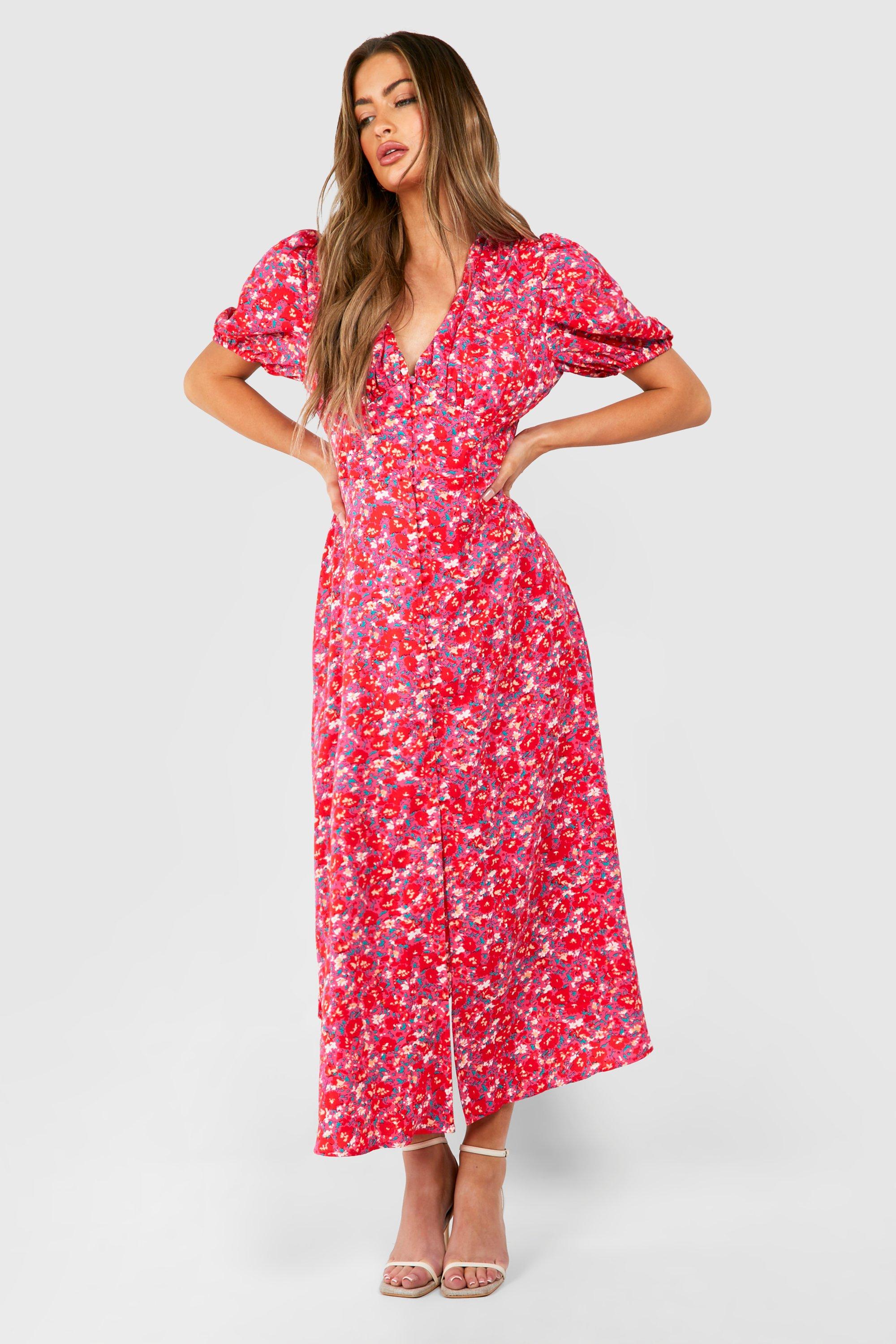 Image of Floral Puff Sleeve Button Through Midi Dress, Pink