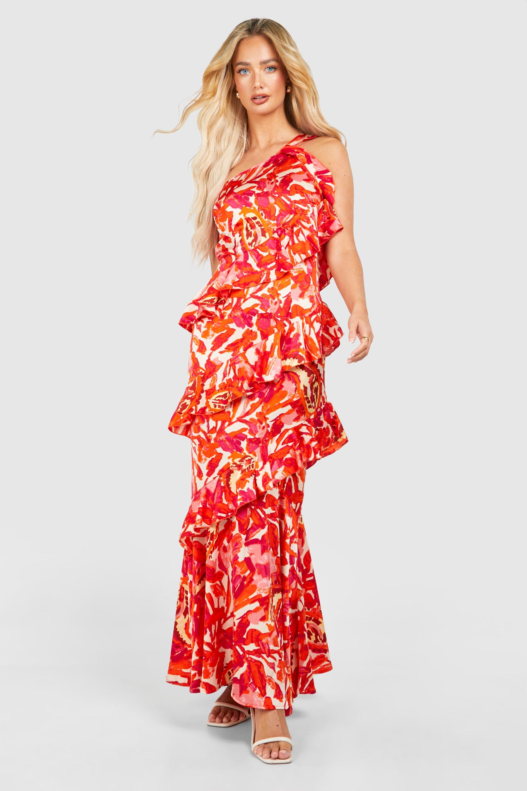 Image of Floral Print One Shoulder Ruffle Maxi Dress, Pink