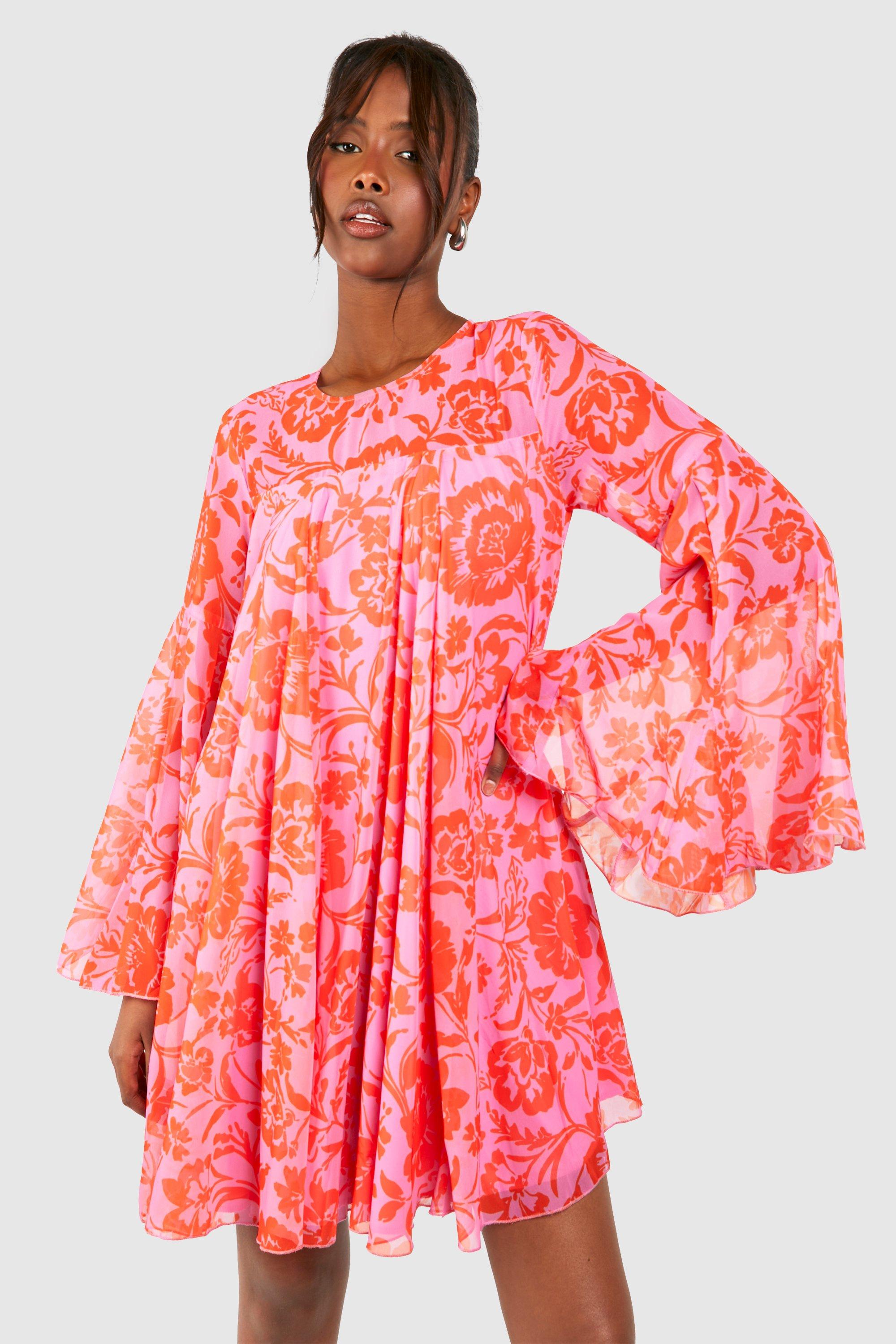 Image of Floral Print Flared Sleeve Smock Dress, Pink