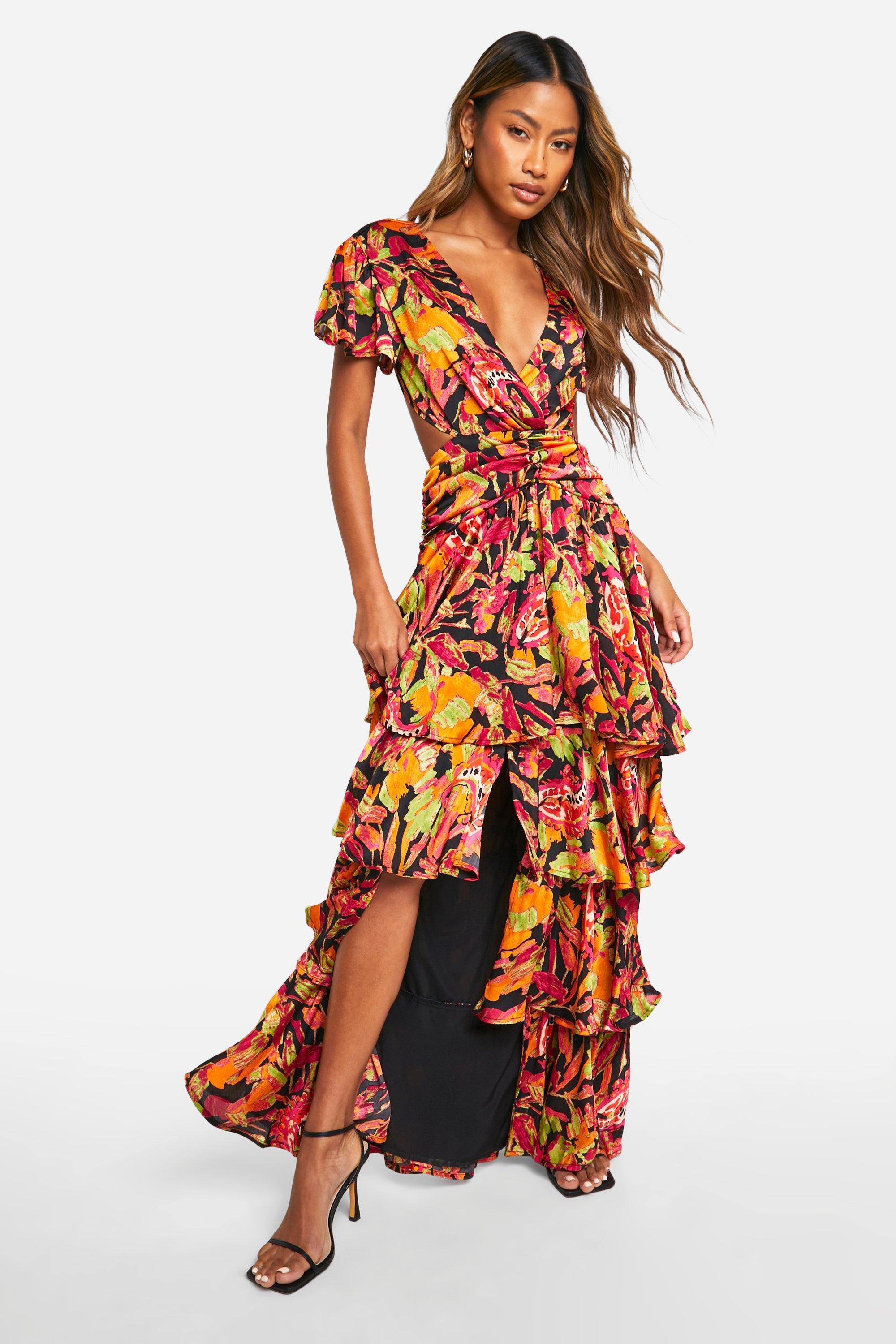 Image of Printed Ruffle Tiered Cut Out Maxi Dress, Nero