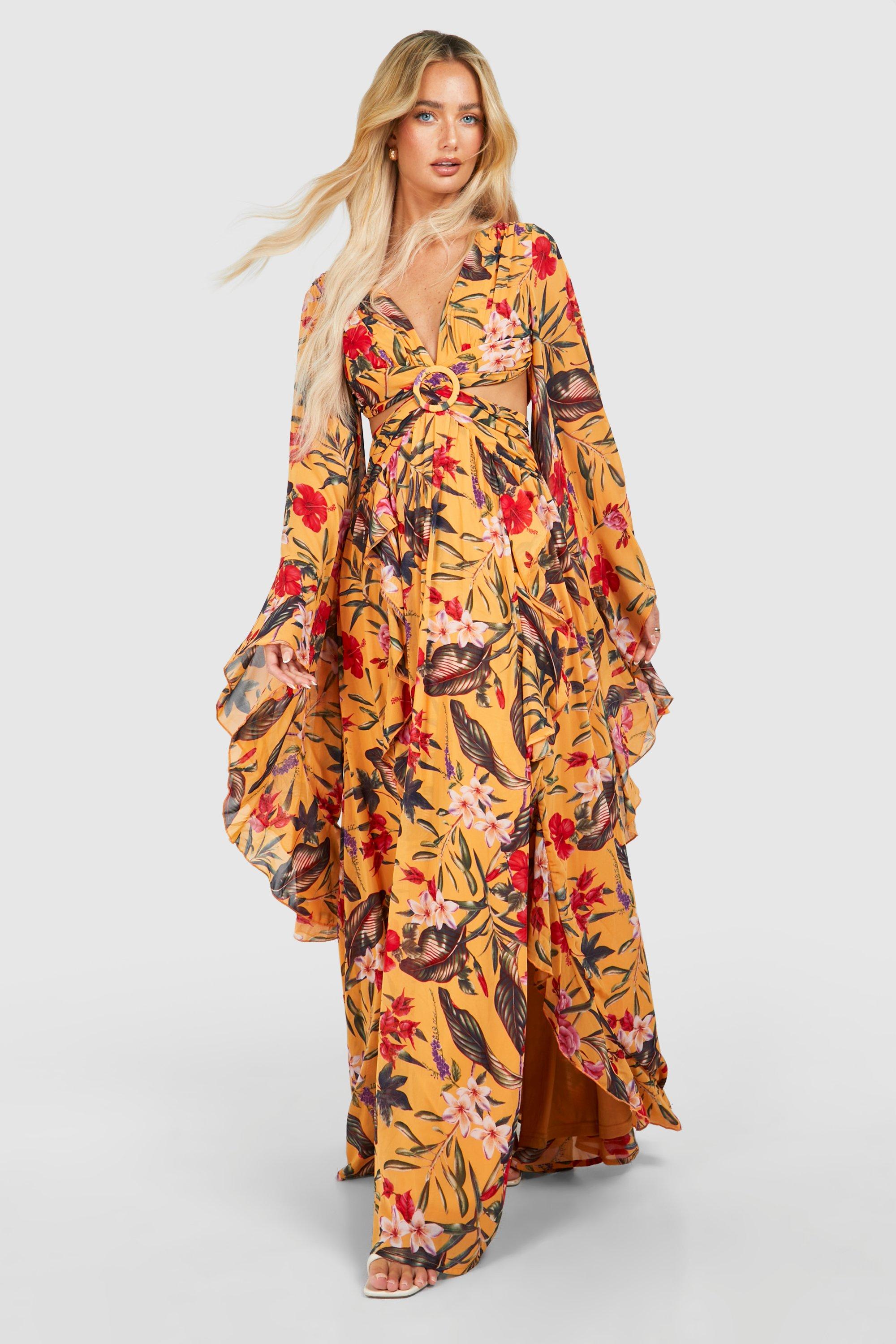 Image of Tropical Floral Chiffon Print Cut Out Maxi Dress, Arancio