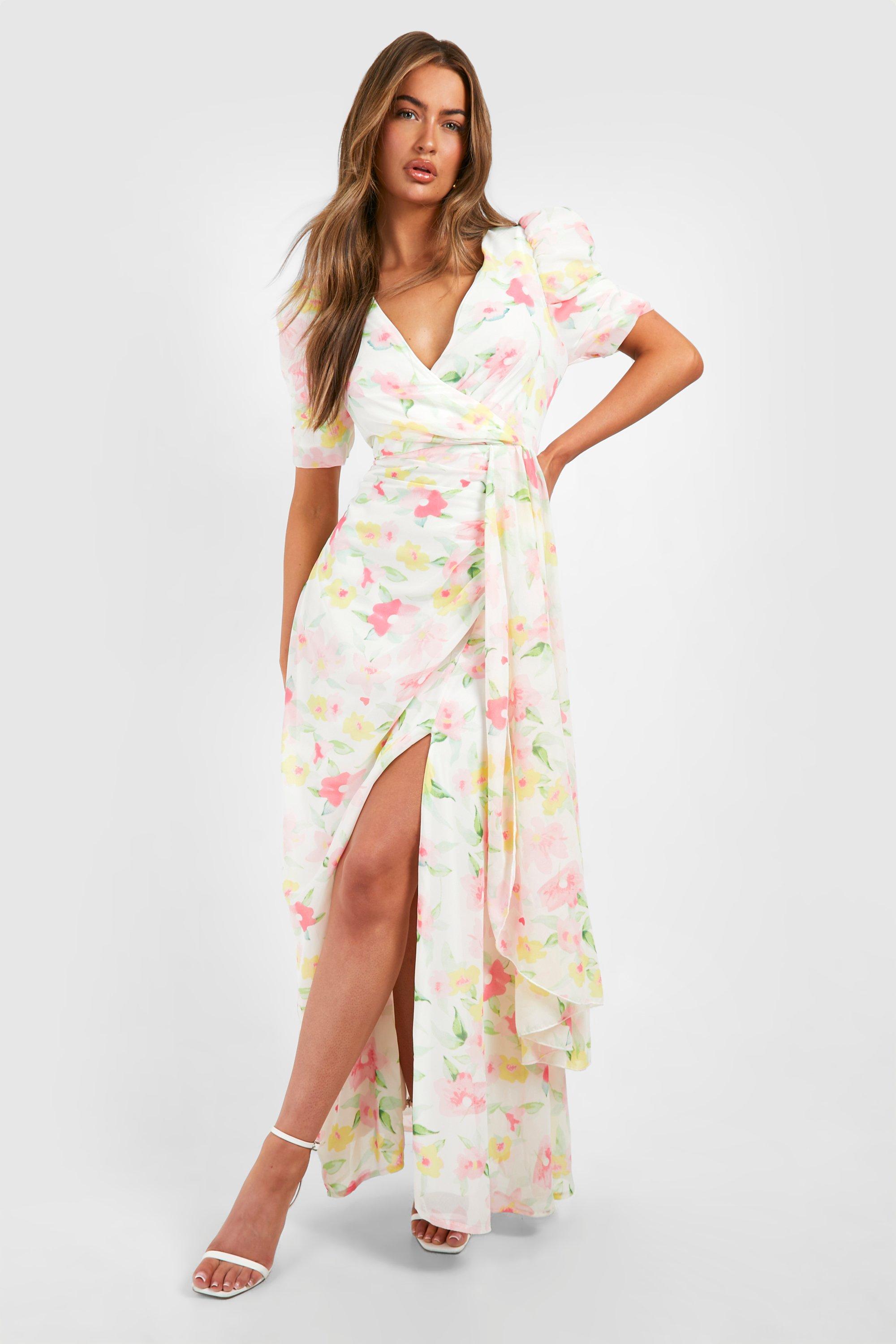 Image of Floral Print Drape Detail Maxi Dress, Bianco