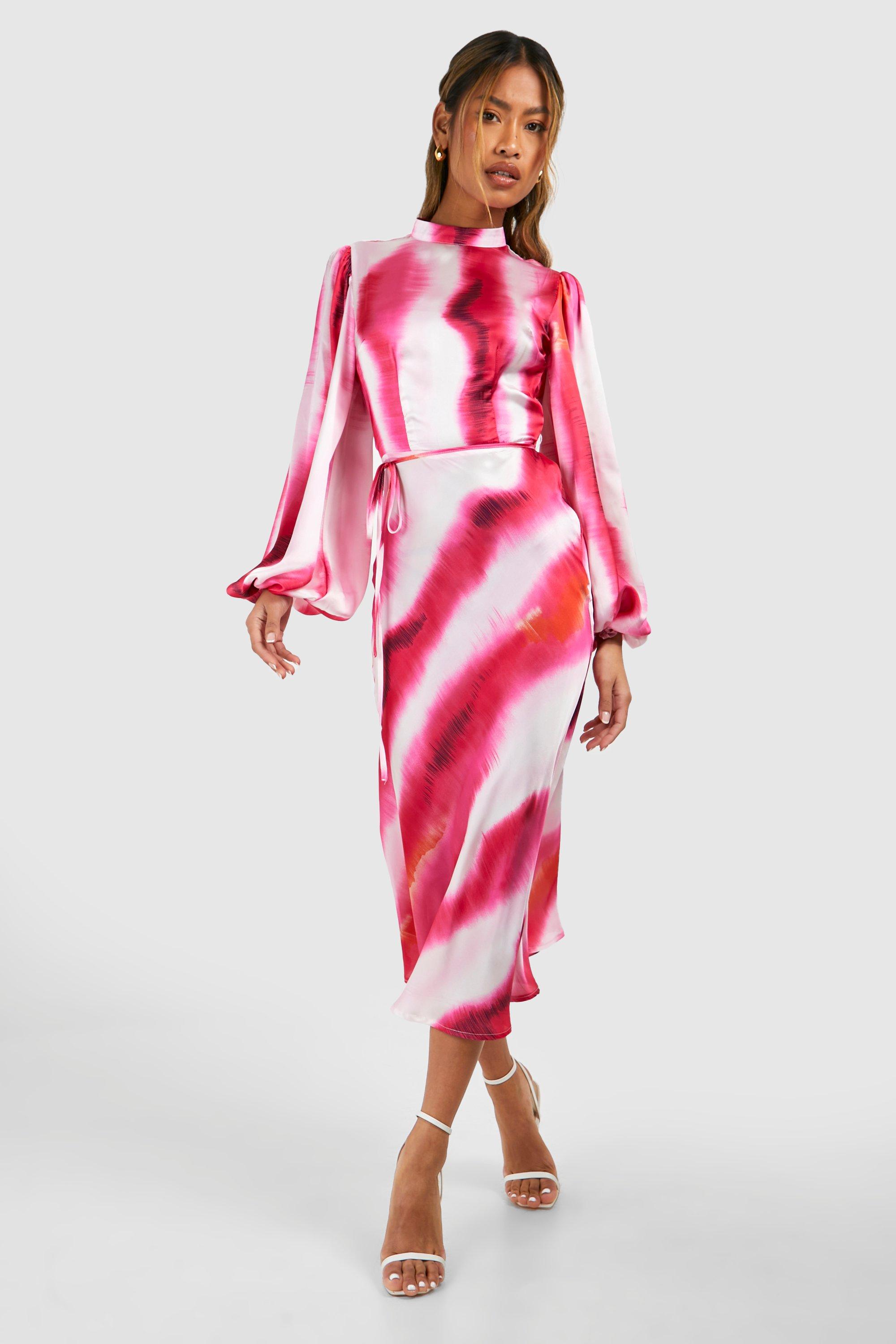 Marble Print Satin Long Sleeve Midi Dress - Pink - 14