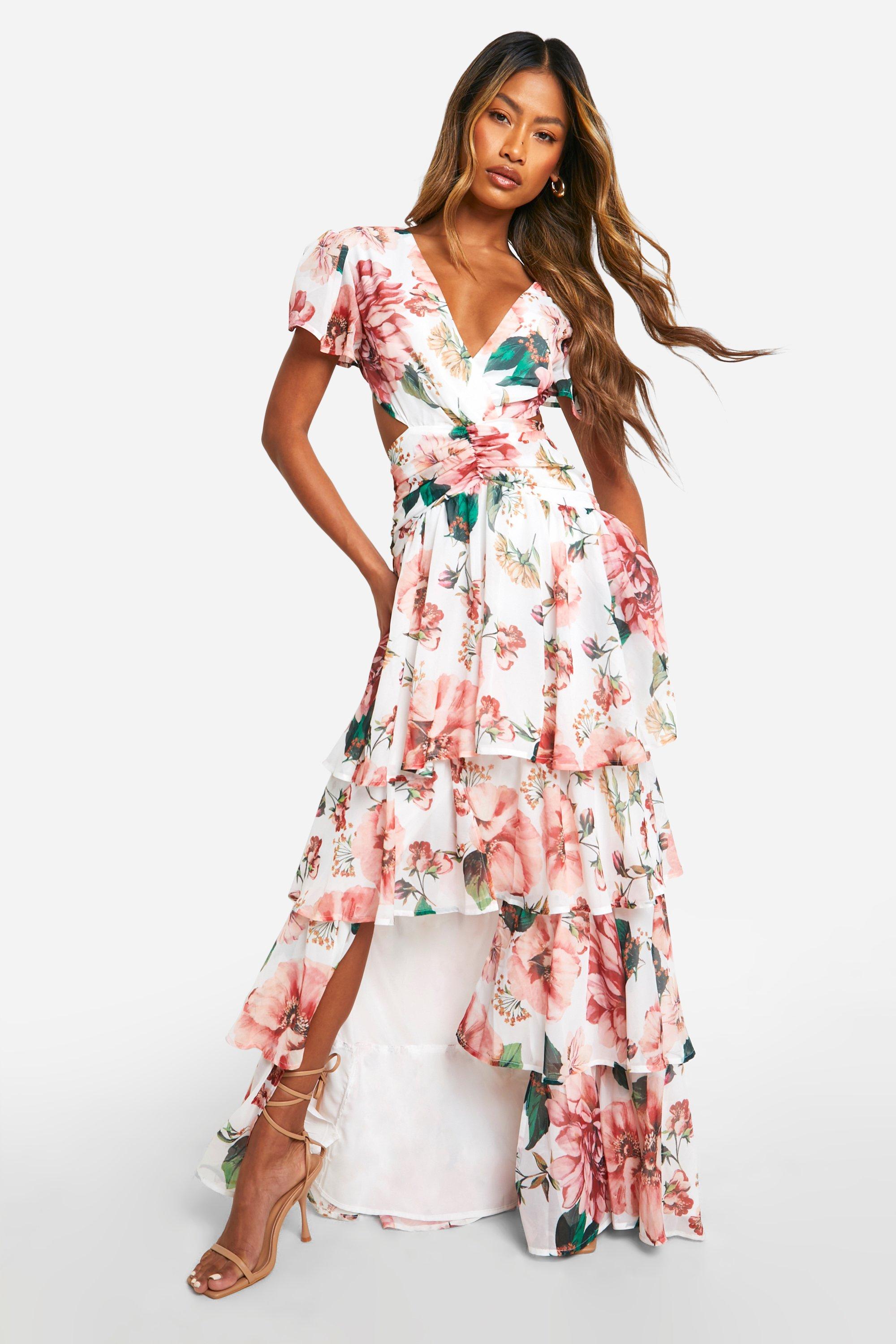 Image of Floral Ruffle Tiered Cut Out Maxi Dress, Bianco