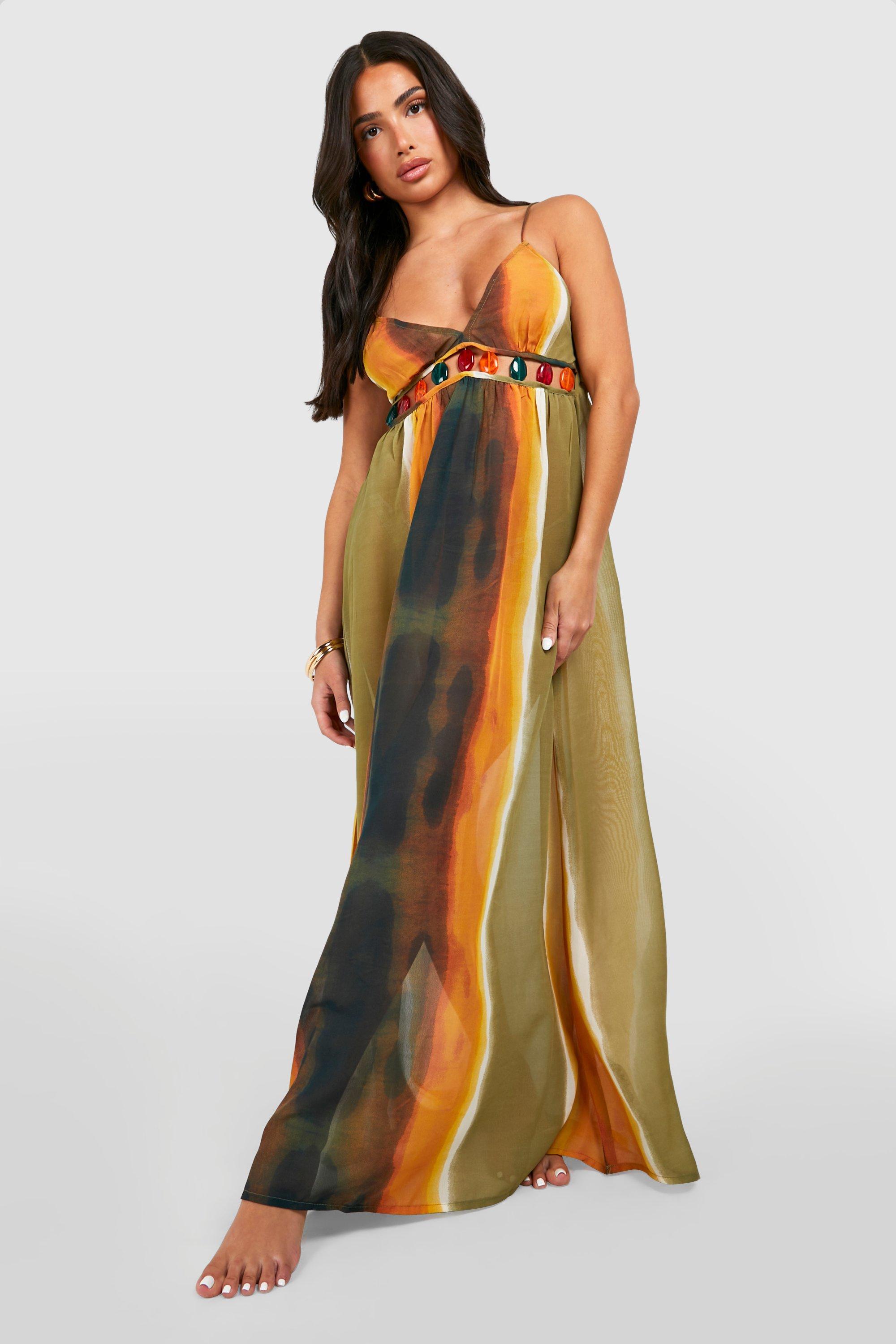 Image of Petite Printed Chiffon Maxi Beach Dress, Arancio