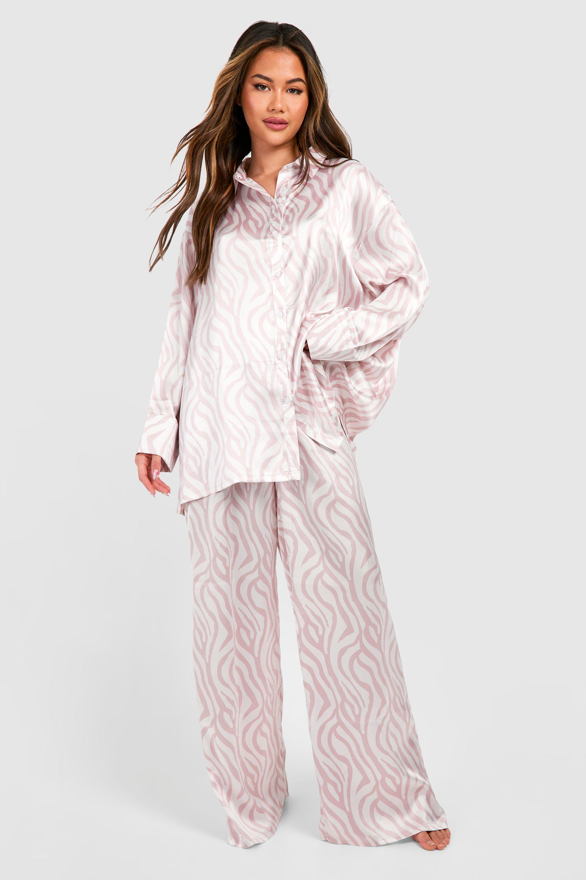 Womens Oversized Tonal Zebra Print Satin Pyjama Set - Pink - 12, Pink