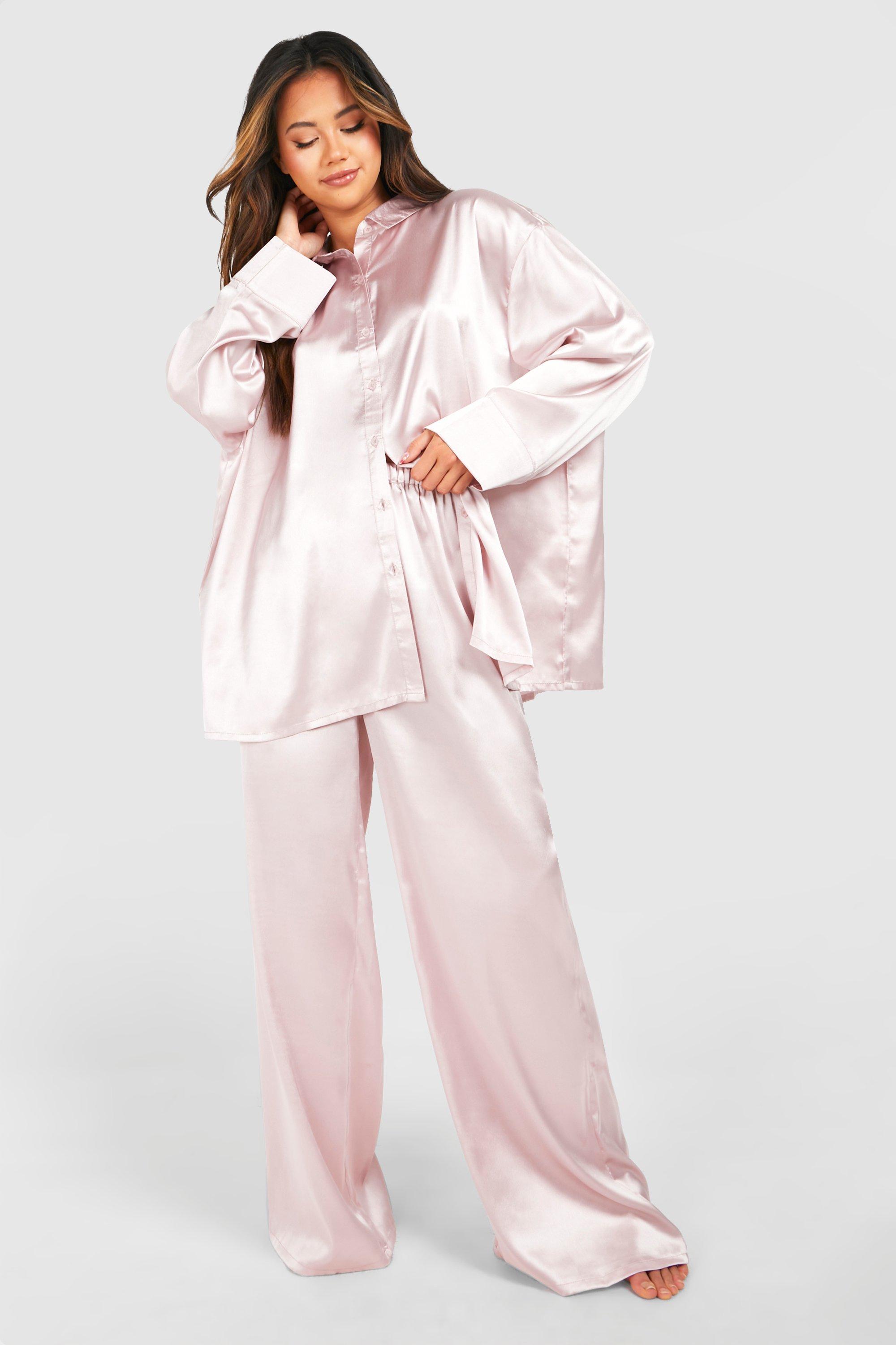 Womens Oversized Blush Satin Pyjama Set - Pink - 8, Pink