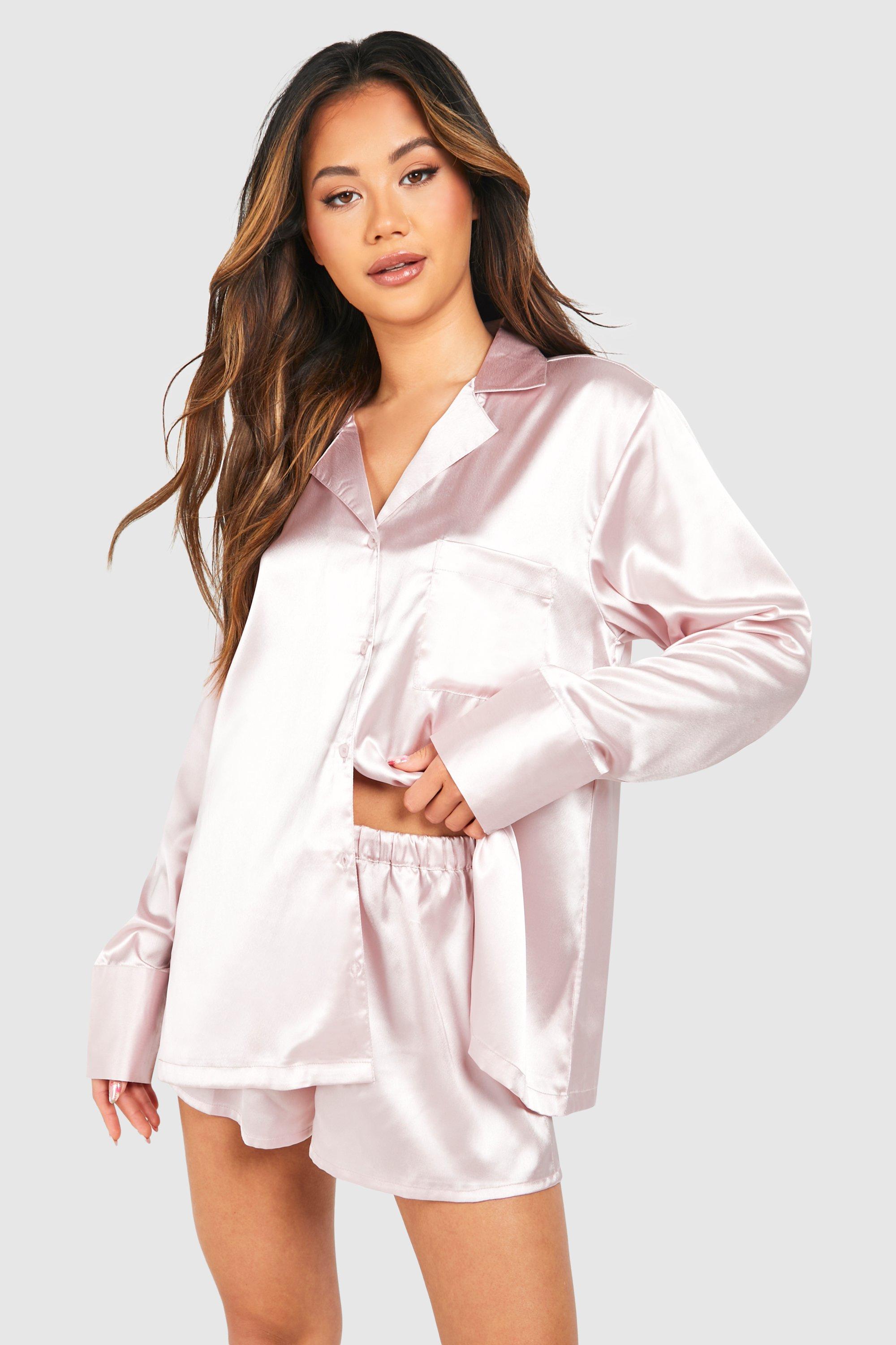 Womens Oversized Blush Satin Short Pyjama Set - Pink - 8, Pink