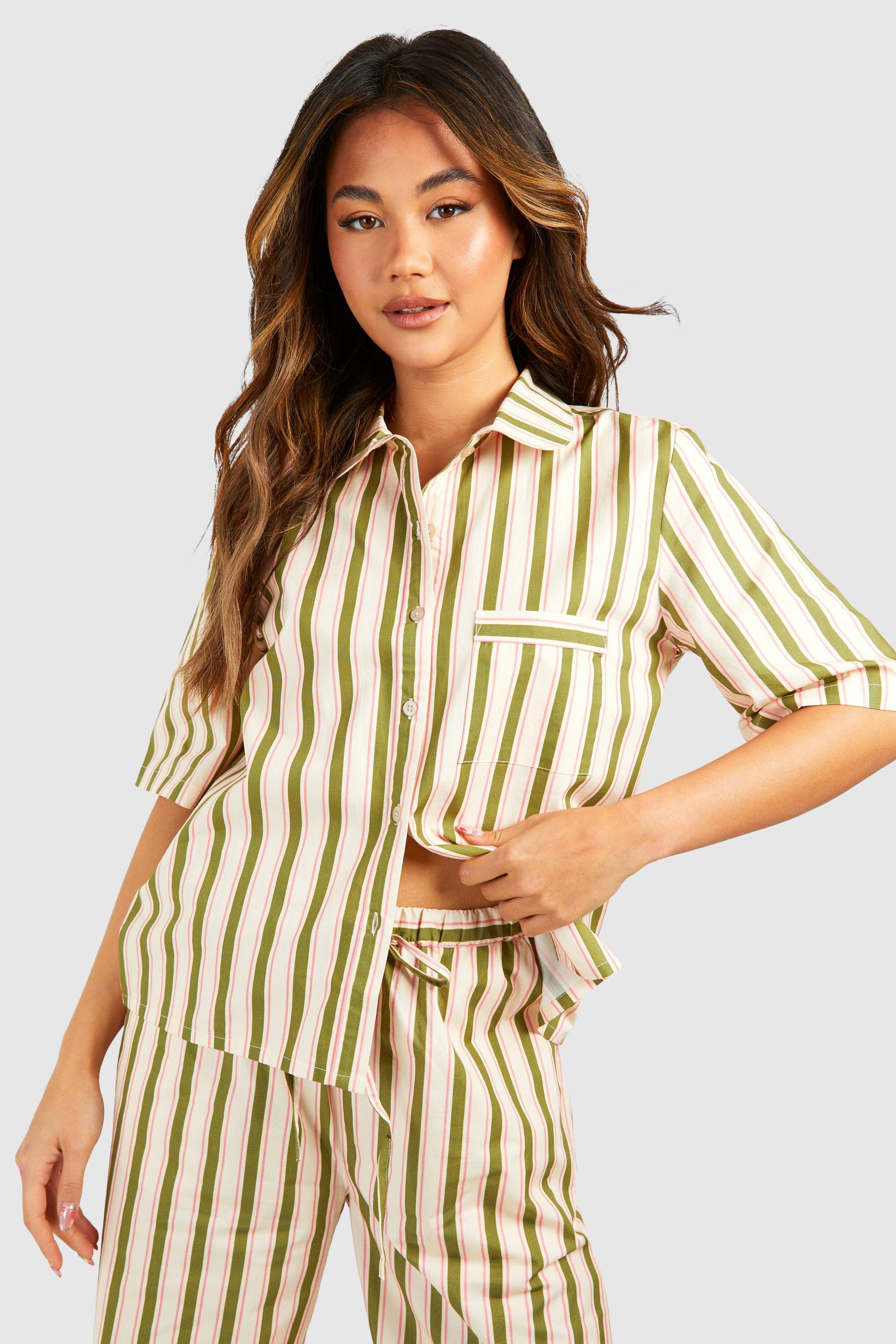 Womens Stripe Cotton Poplin Short Sleeve Shirt - Green - 16, Green