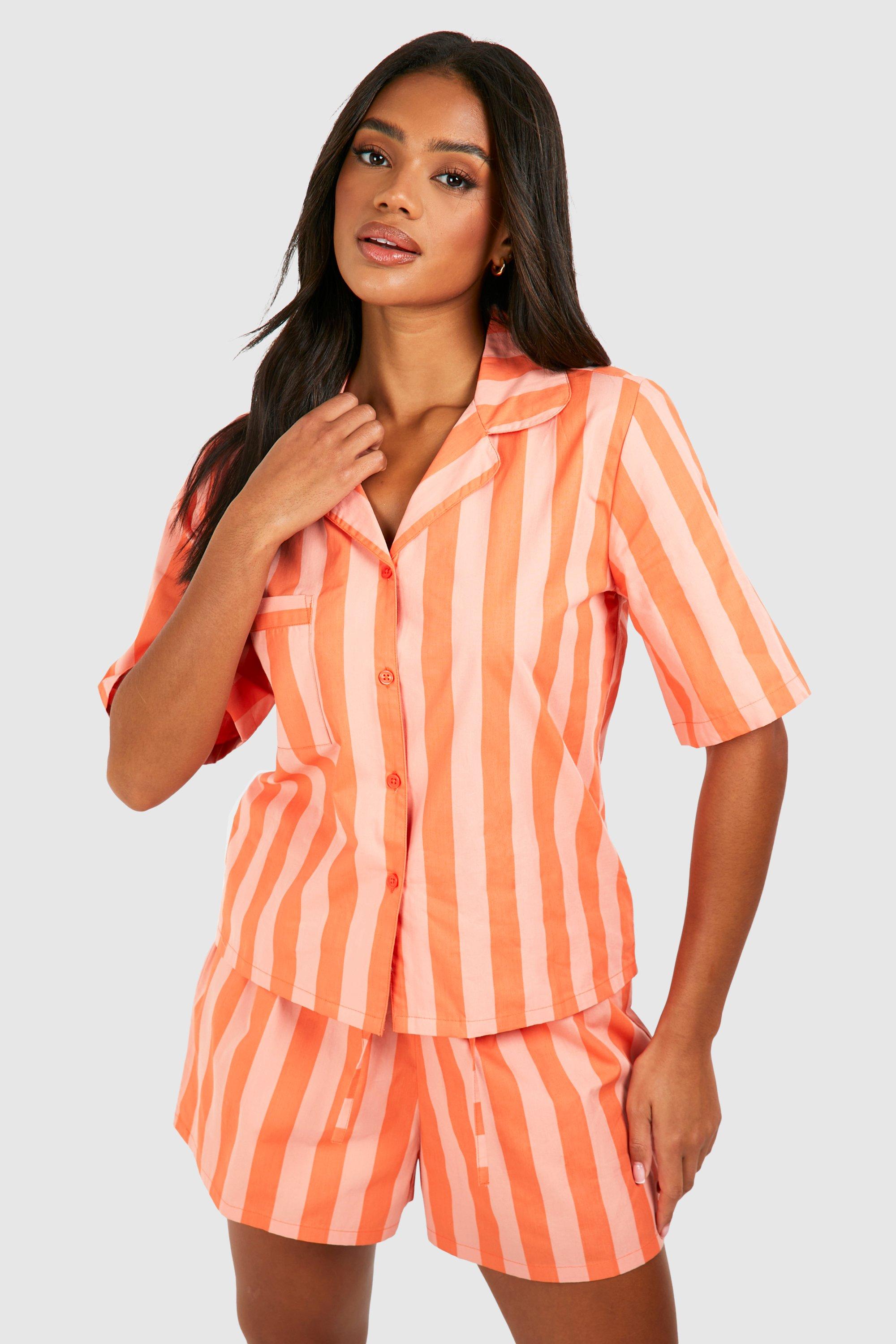 Womens Cotton Poplin Tonal Stripe Short Sleeve Shirt - Orange - 16, Orange